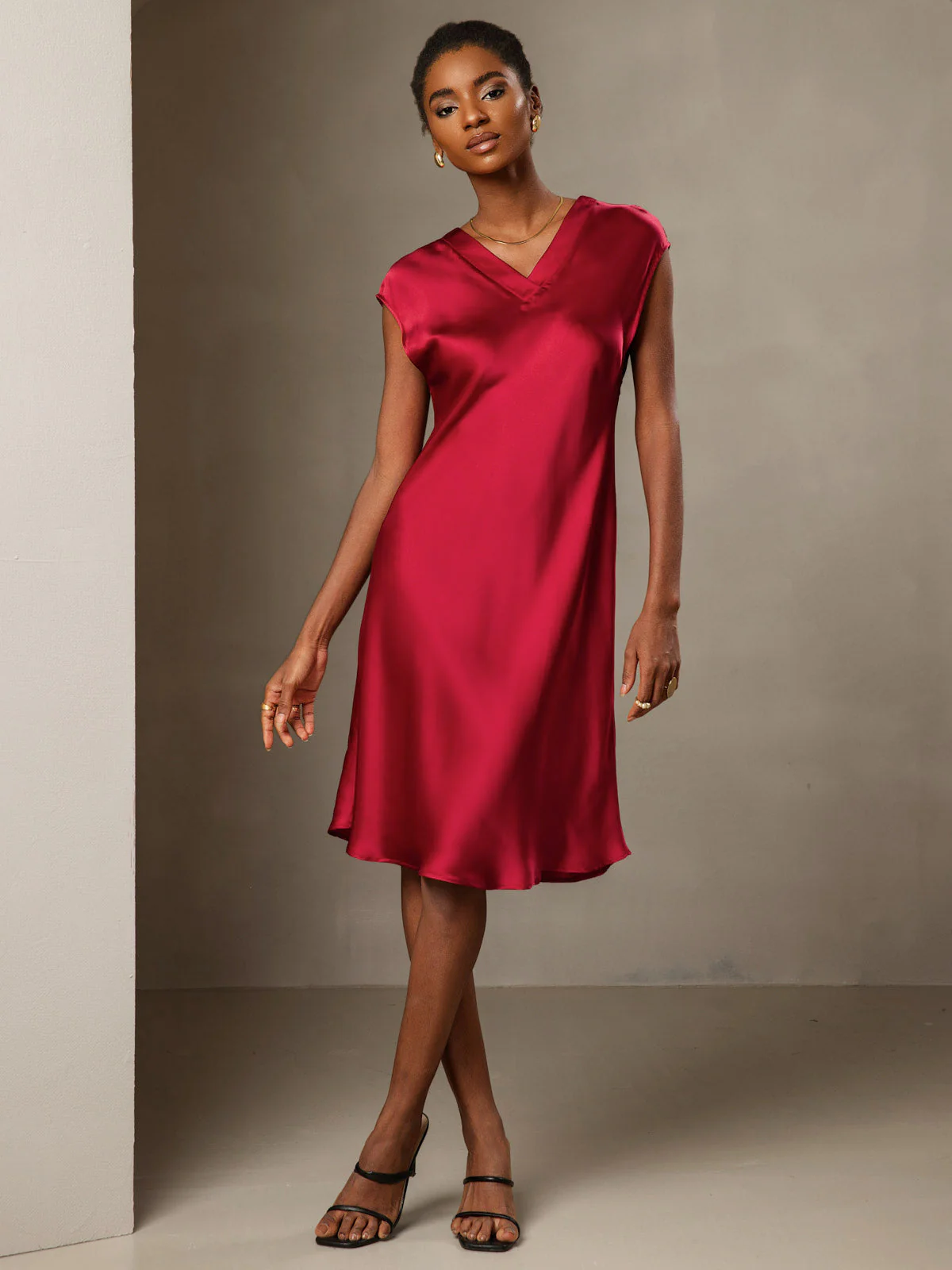 Pure Silk Cap Sleeve V Neck Knee Dress - Image 29