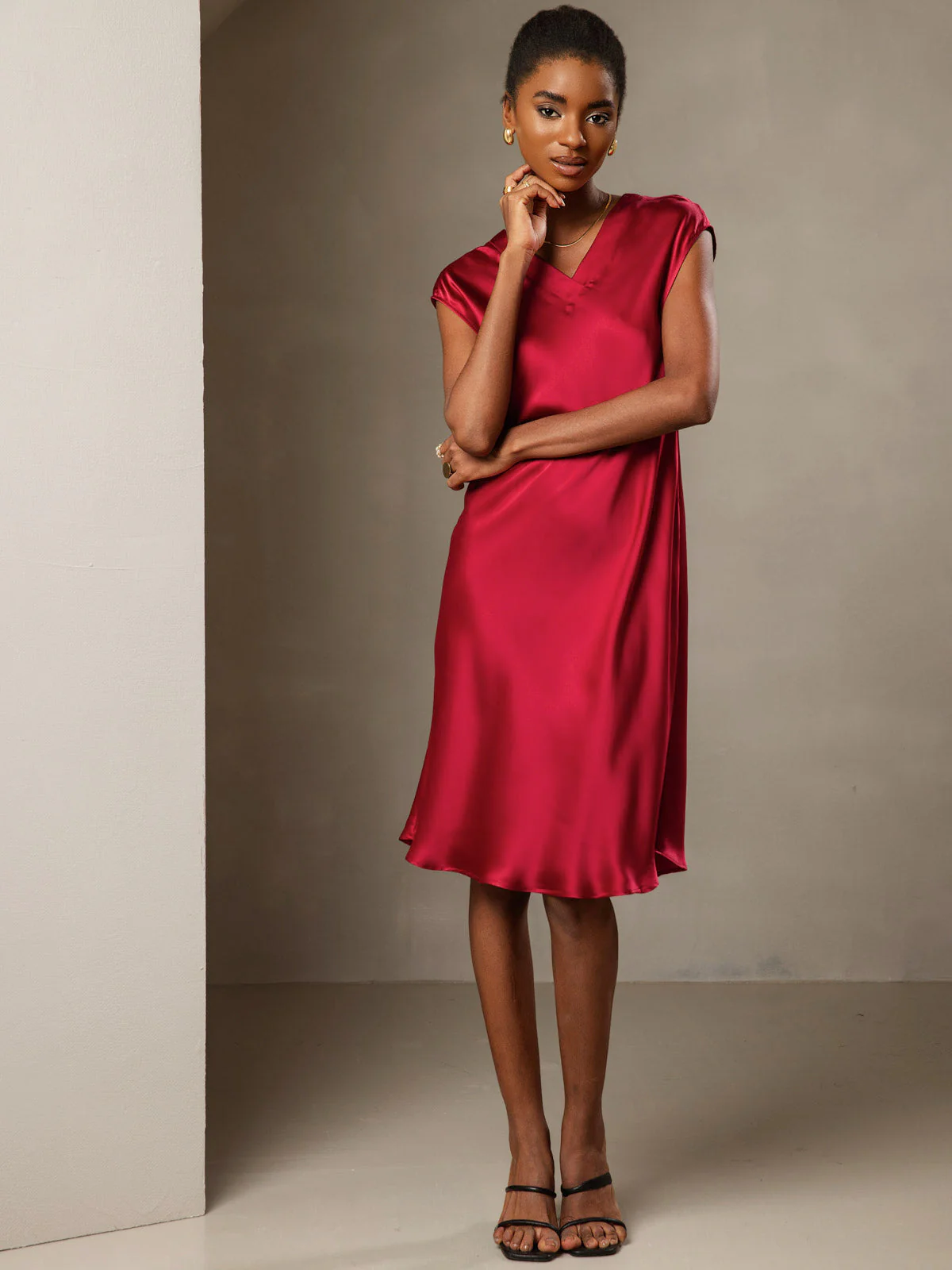 Pure Silk Cap Sleeve V Neck Knee Dress - Image 30