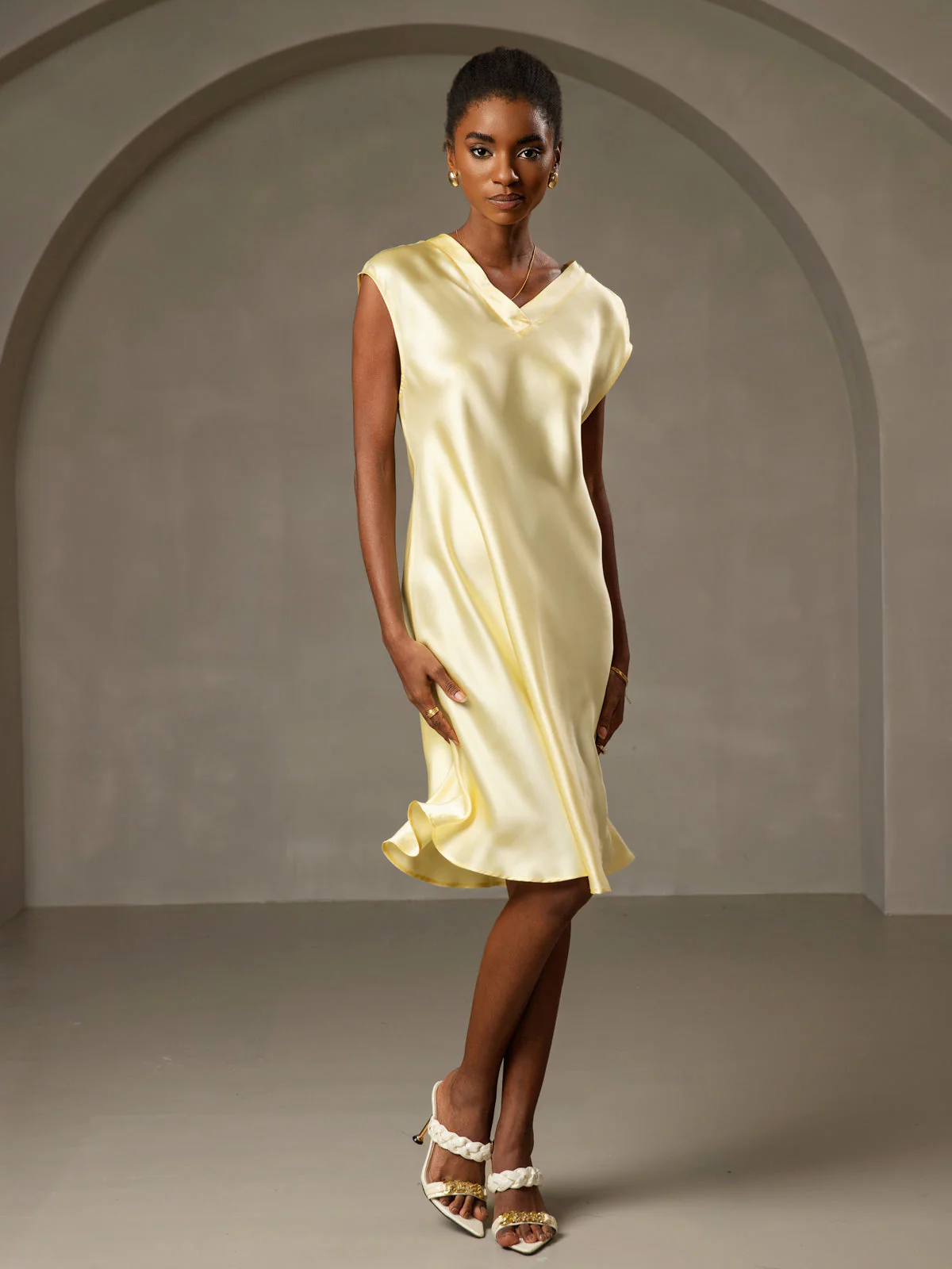 Pure Silk Cap Sleeve V Neck Knee Dress - Image 32