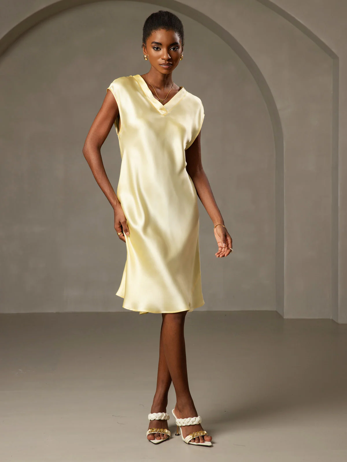 Pure Silk Cap Sleeve V Neck Knee Dress - Image 36