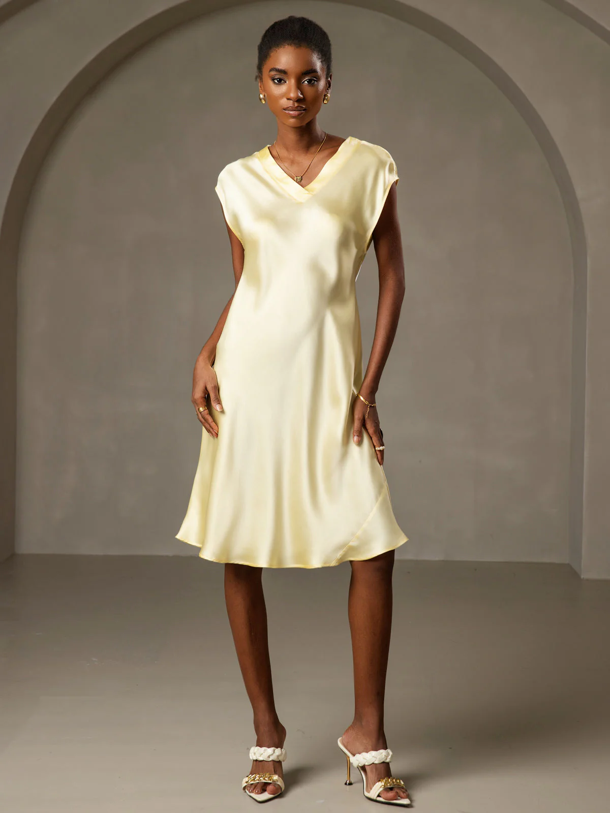 Pure Silk Cap Sleeve V Neck Knee Dress - Image 37