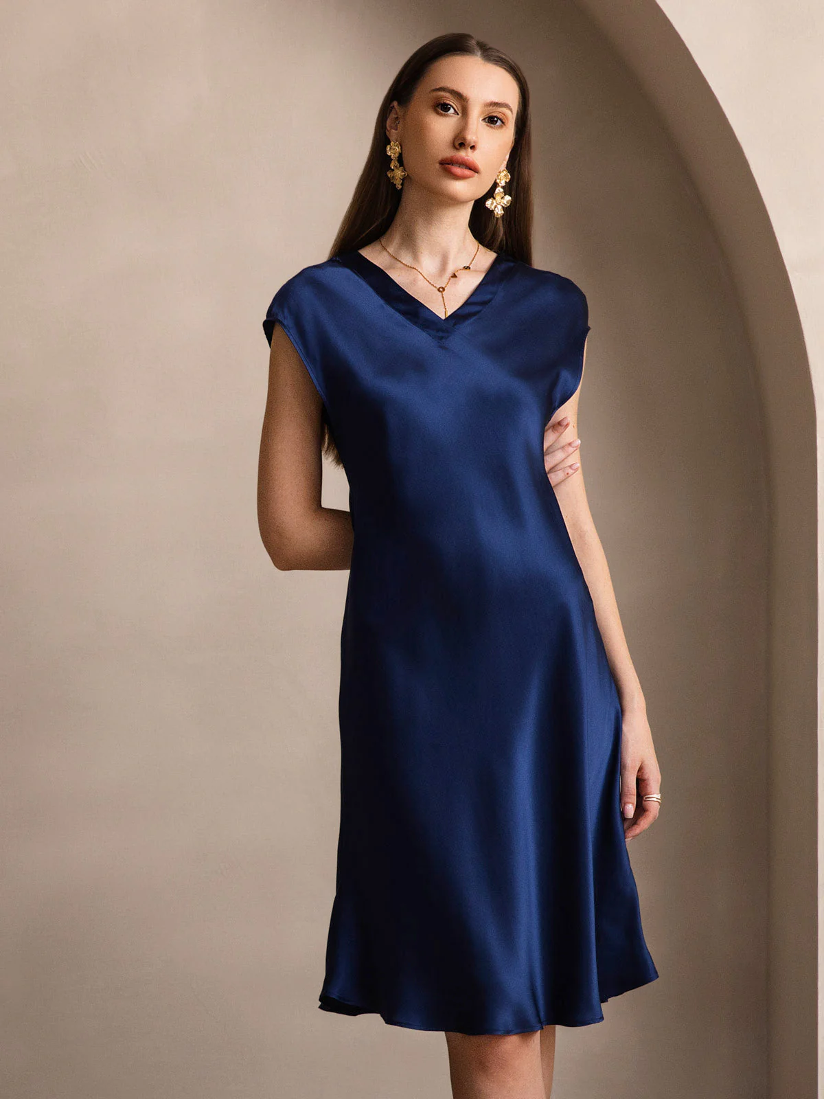 Pure Silk Cap Sleeve V Neck Knee Dress - Image 7