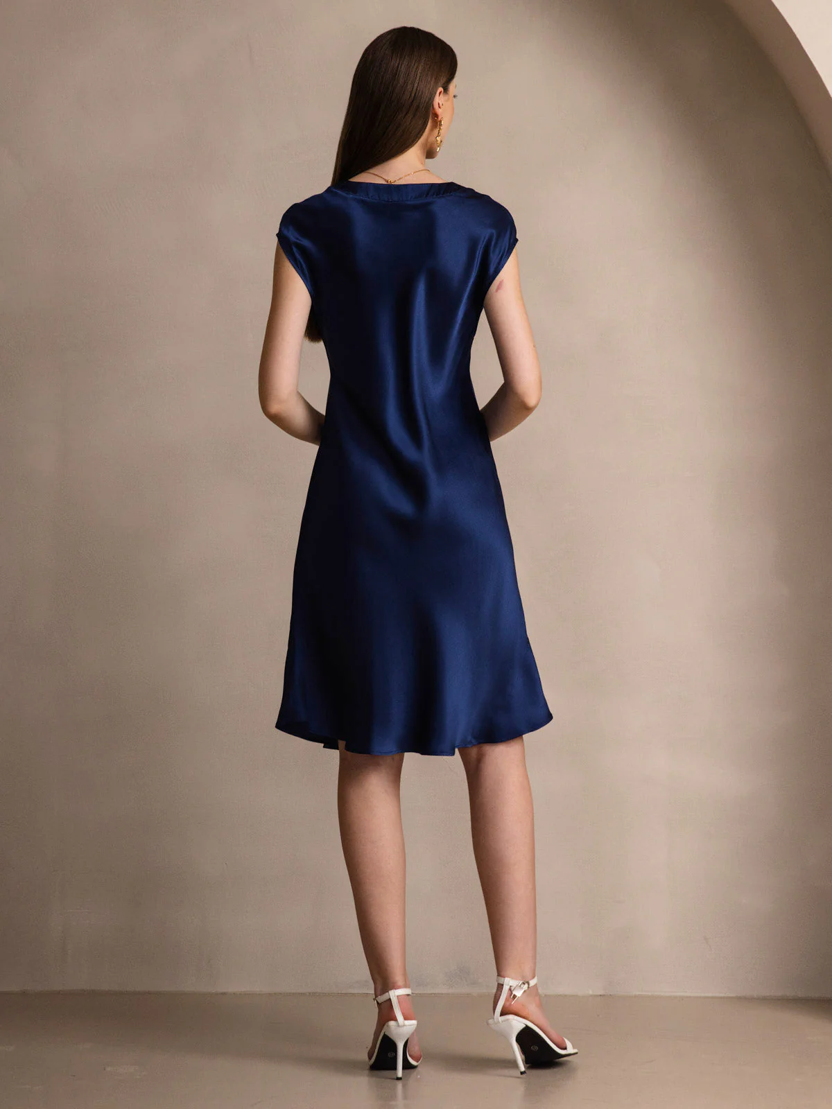 Pure Silk Cap Sleeve V Neck Knee Dress - Image 8