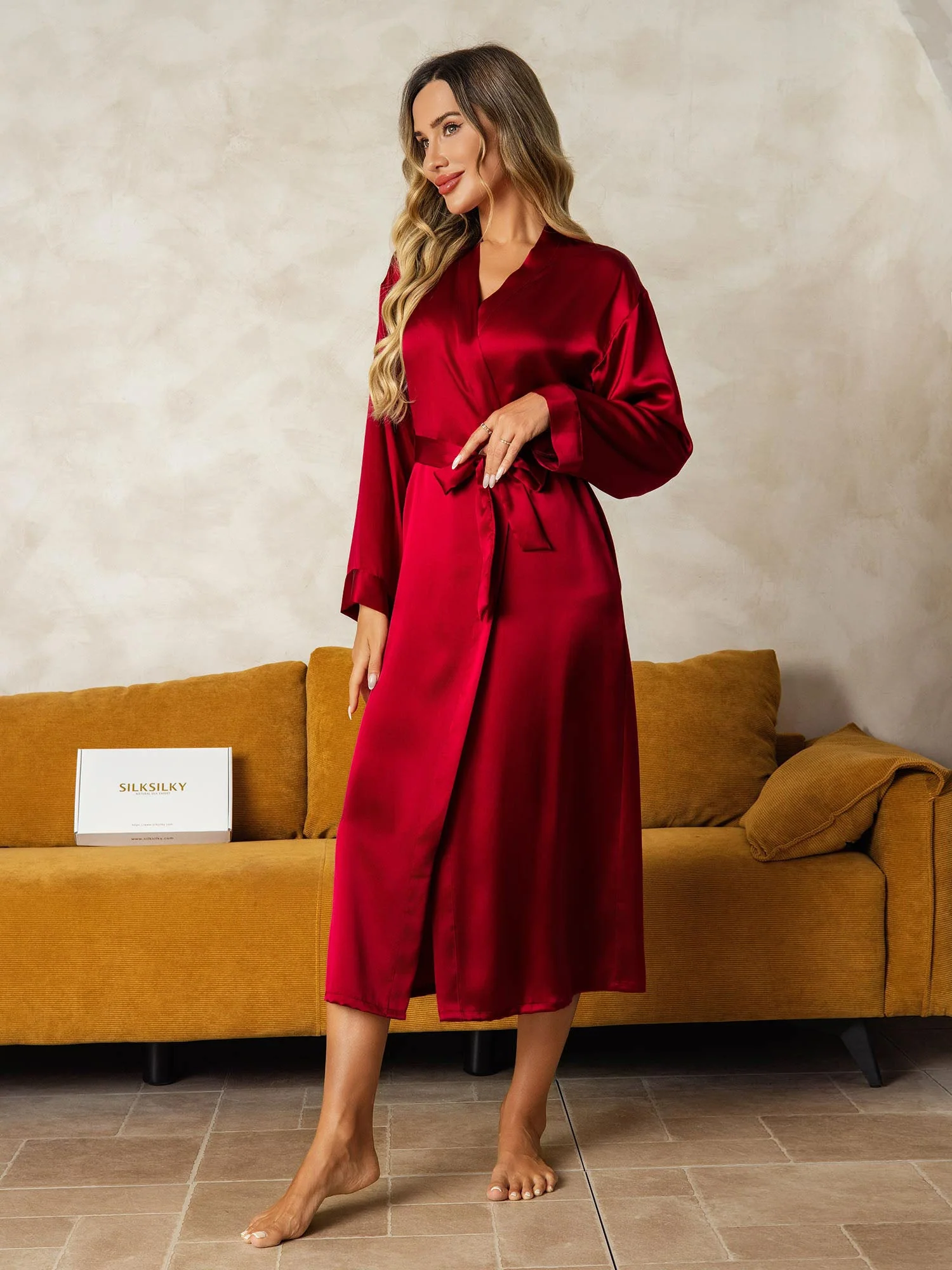 Women's Pure Silk Long Sleeve Midi Wrap Dressing Gown - Image 15