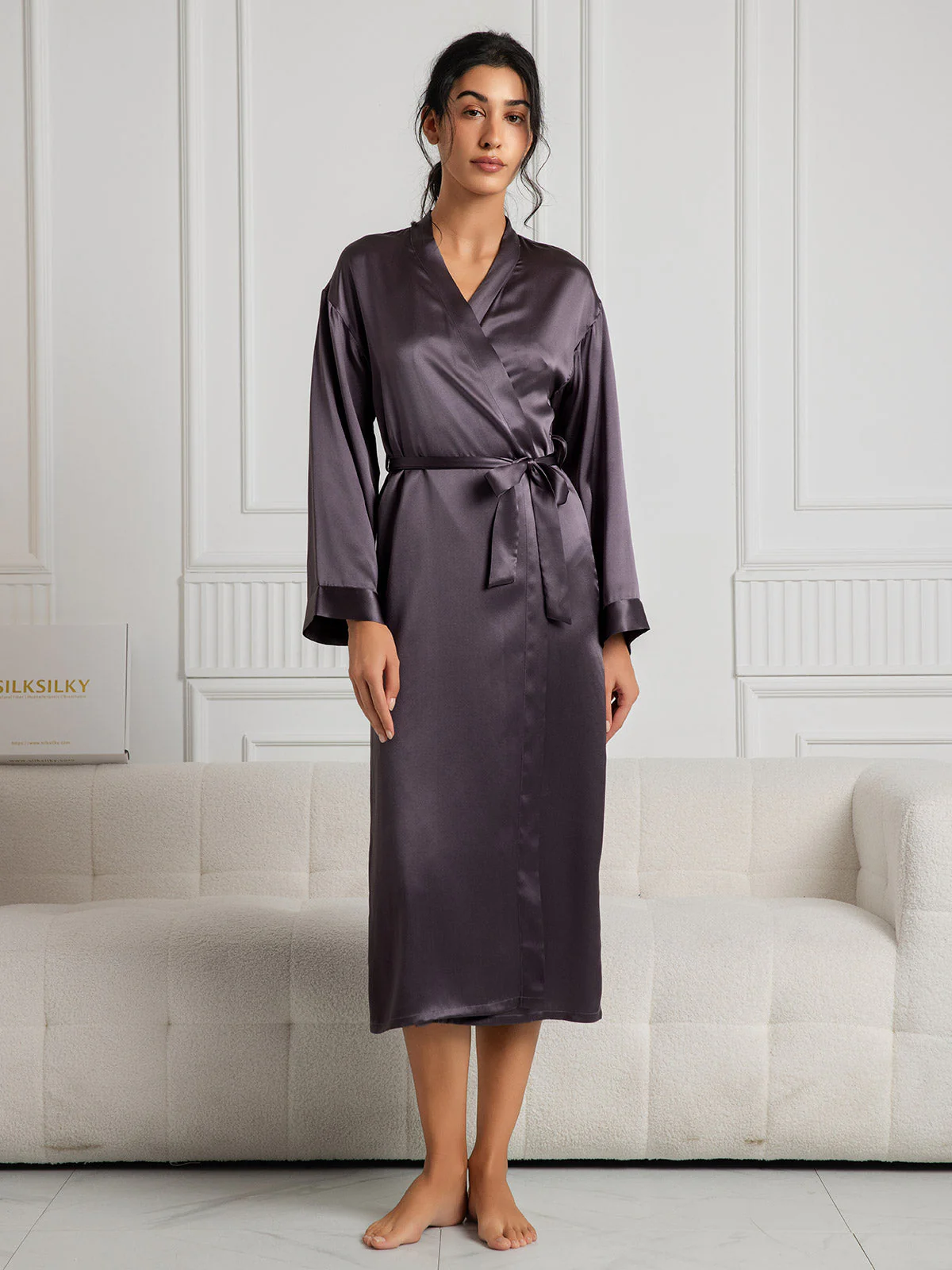 Women's Pure Silk Long Sleeve Midi Wrap Dressing Gown - Image 30
