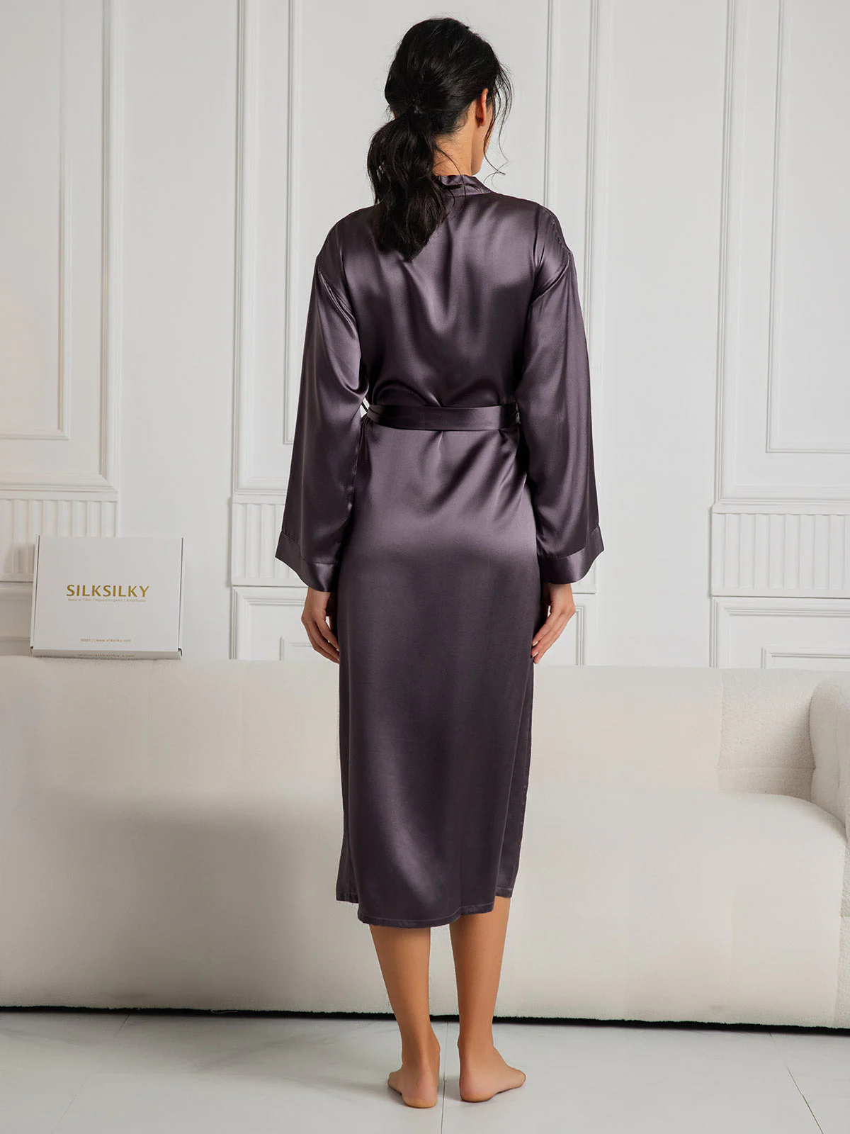 Women's Pure Silk Long Sleeve Midi Wrap Dressing Gown - Image 31