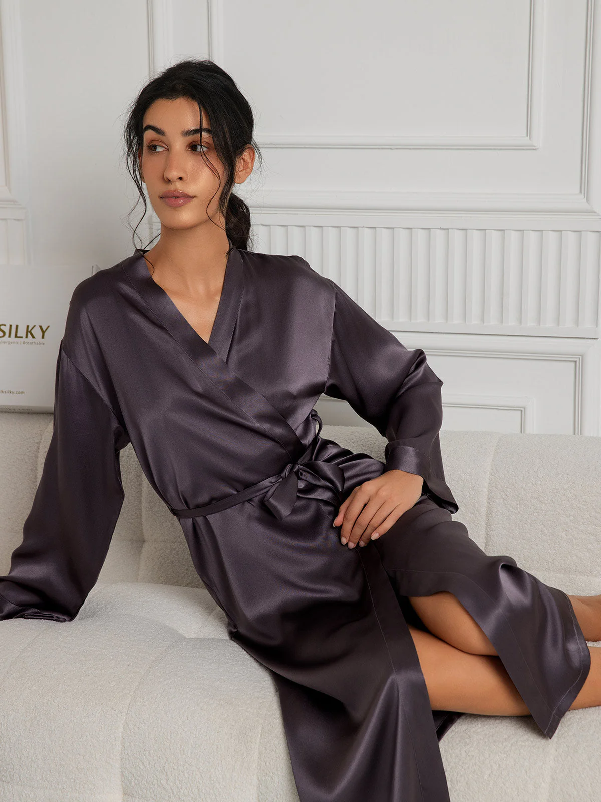 Women's Pure Silk Long Sleeve Midi Wrap Dressing Gown - Image 34