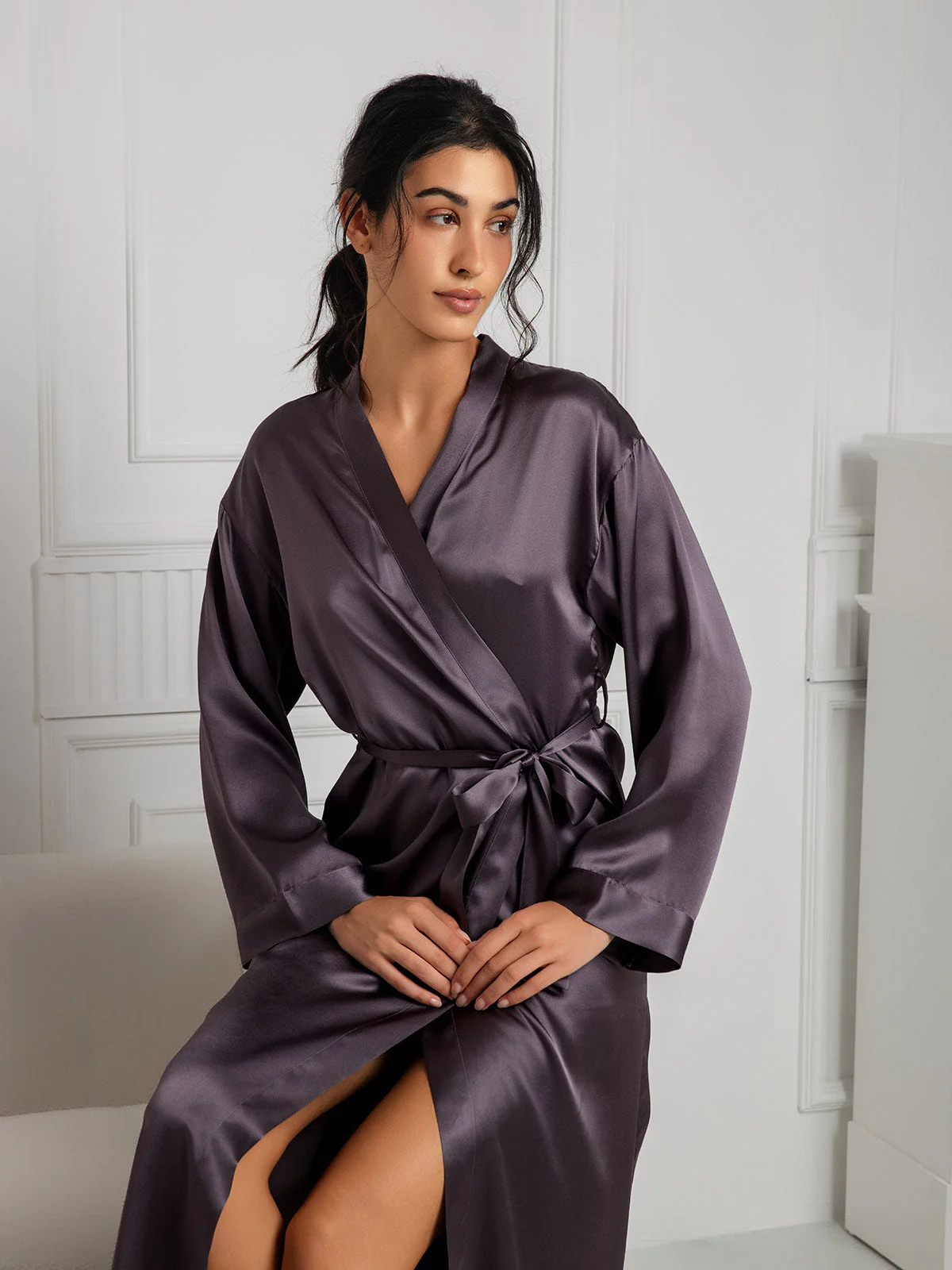 Women's Pure Silk Long Sleeve Midi Wrap Dressing Gown - Image 35