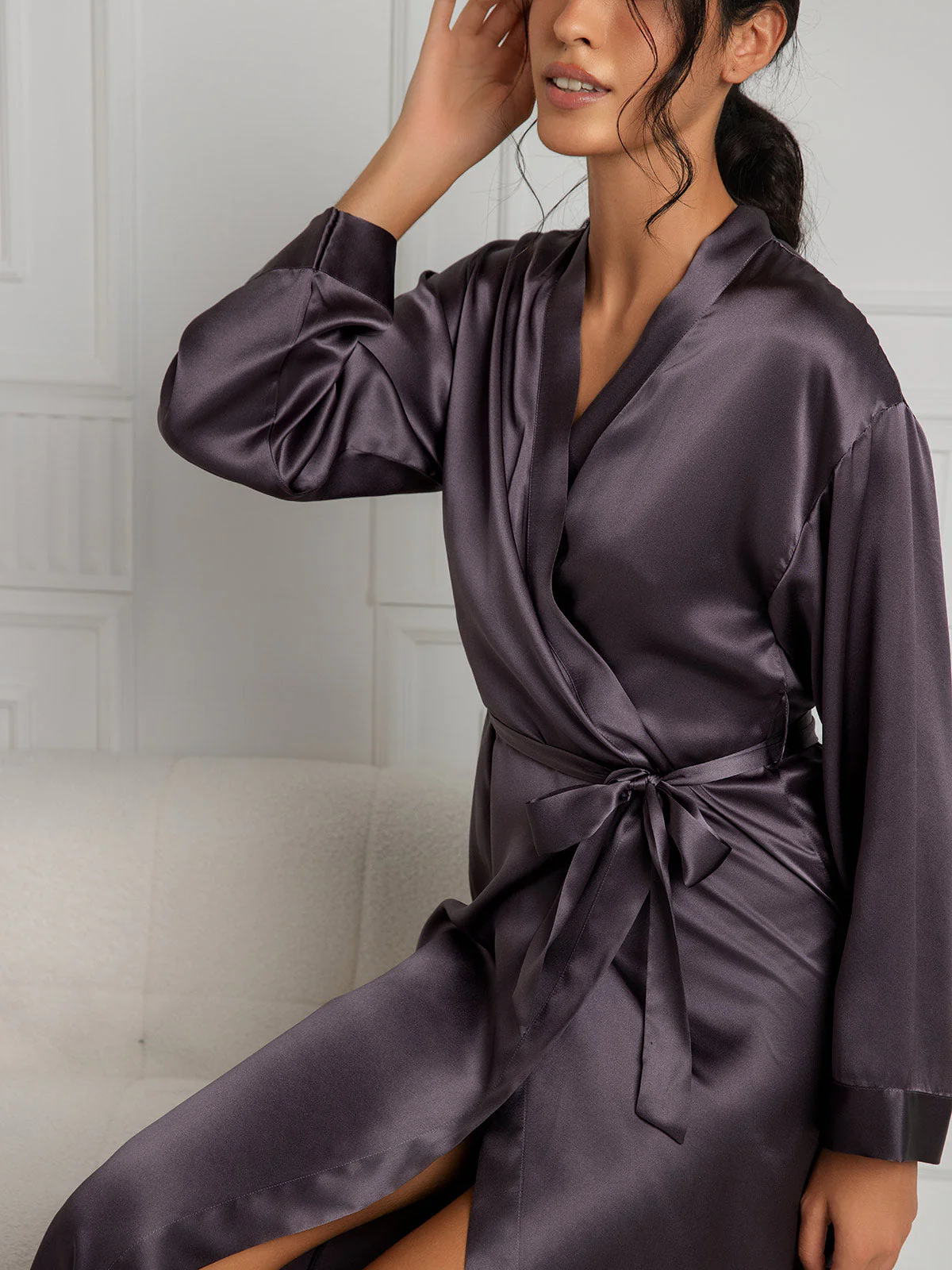 Women's Pure Silk Long Sleeve Midi Wrap Dressing Gown - Image 36