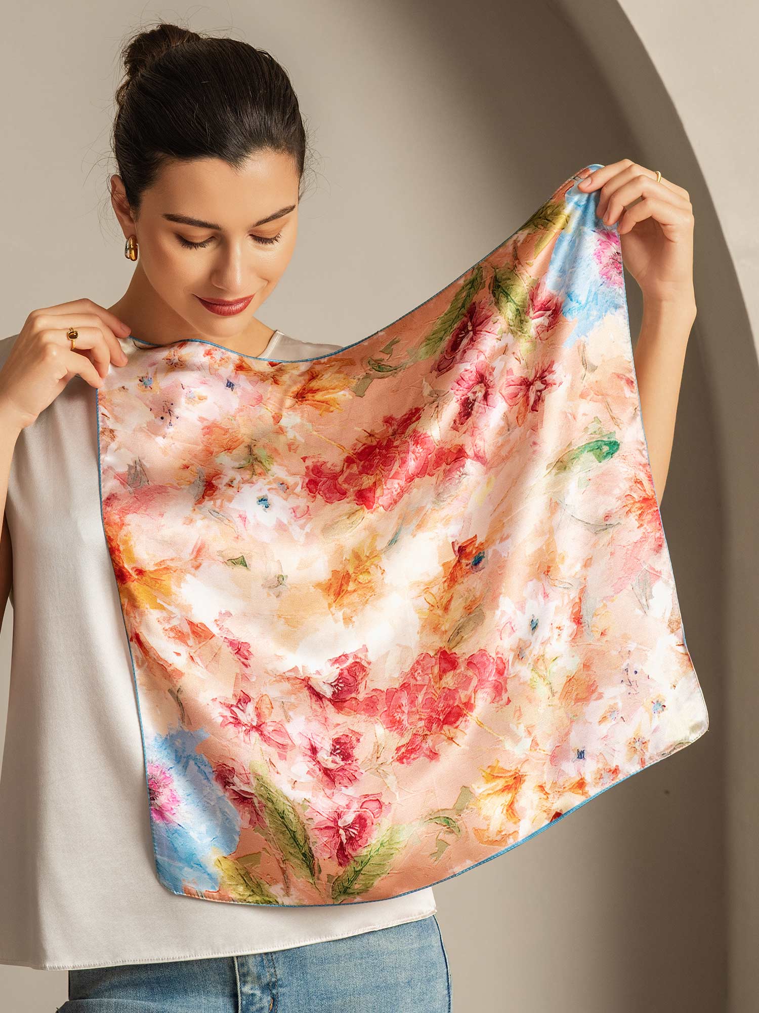 Pure Silk Floral Bliss Square Scarf - Size 53x53cm - Image 2