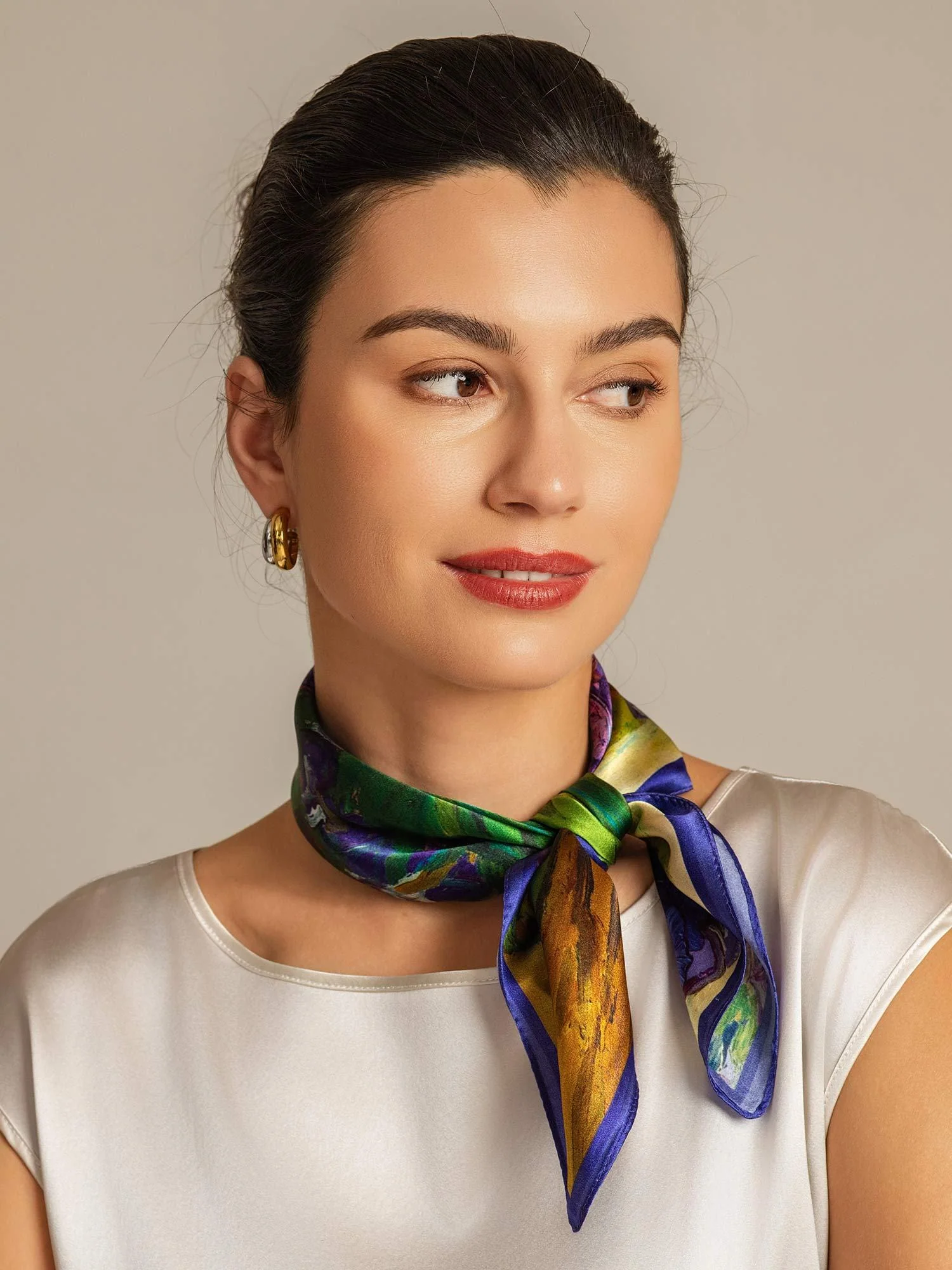 Pure Silk Floral Oil Painting Square Scarf - Size 53x53cm - Image 2