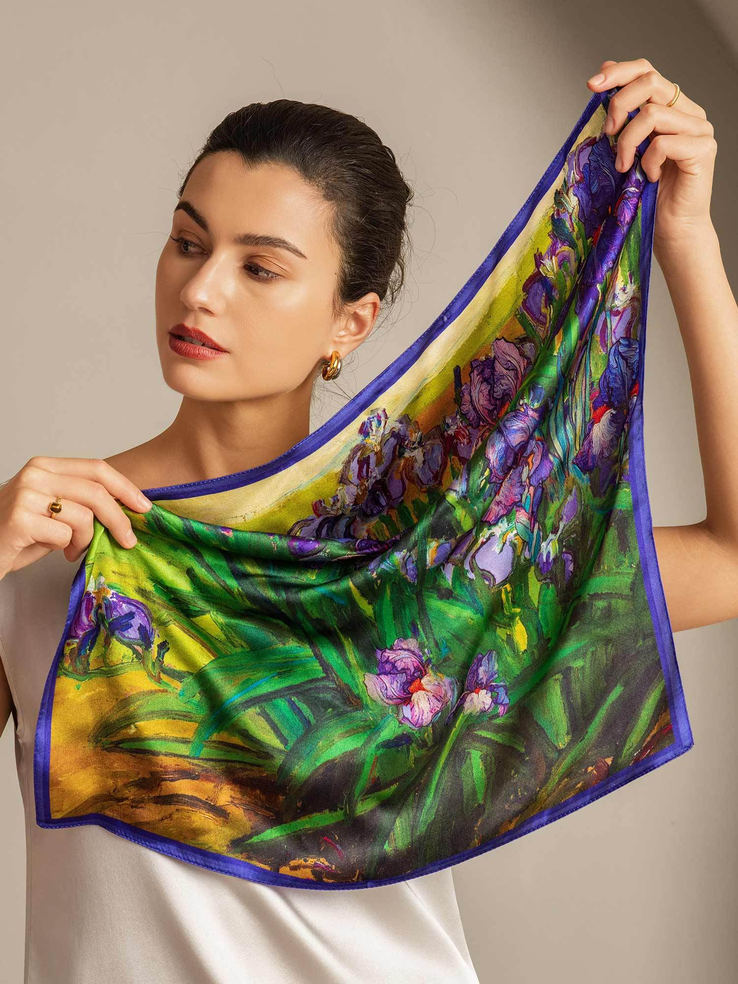 Pure Silk Floral Oil Painting Square Scarf - Size 53x53cm - Image 7