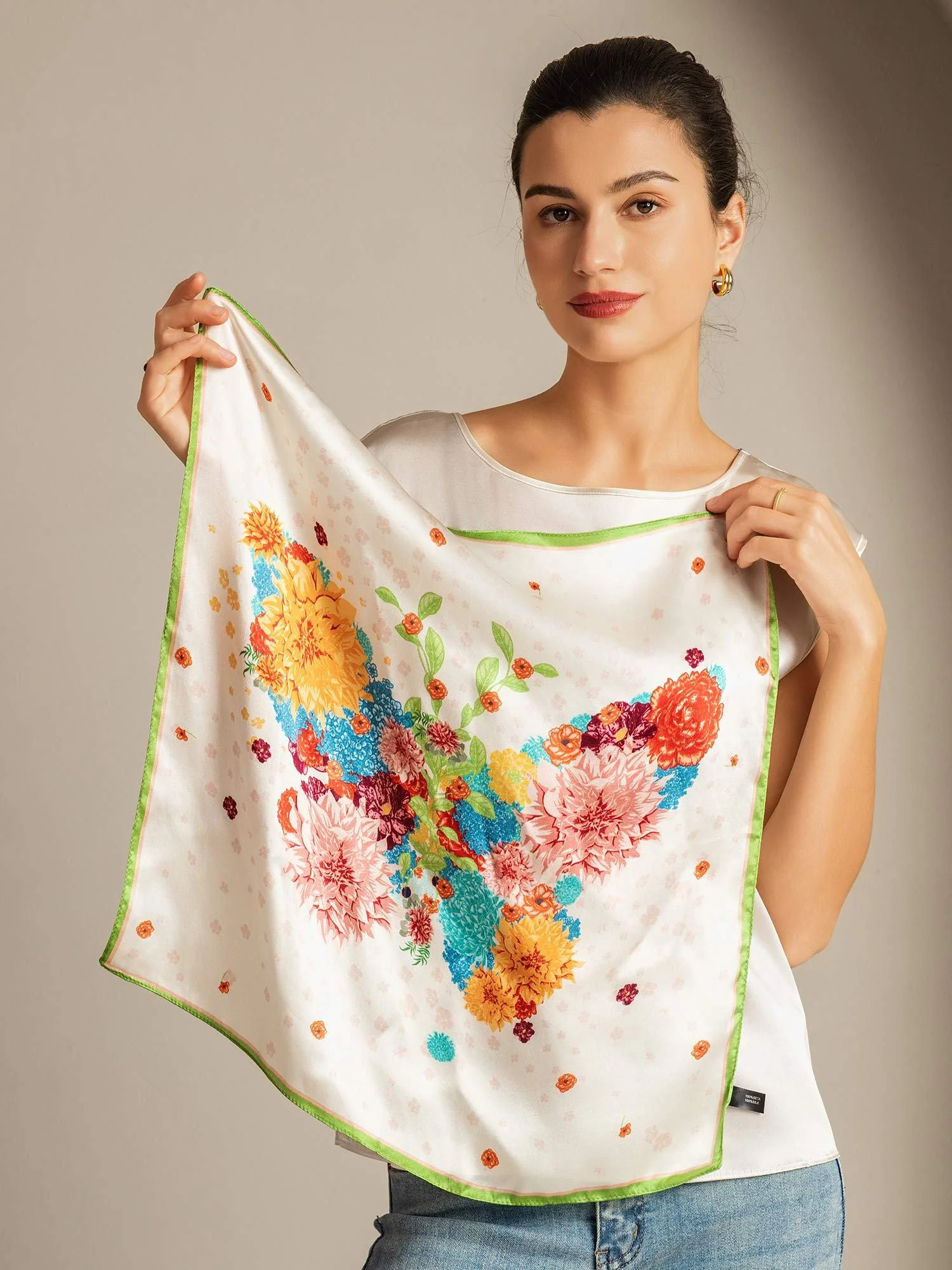 Pure Silk Floral Square Scarf with Green Trim 53*53 cm - Image 2