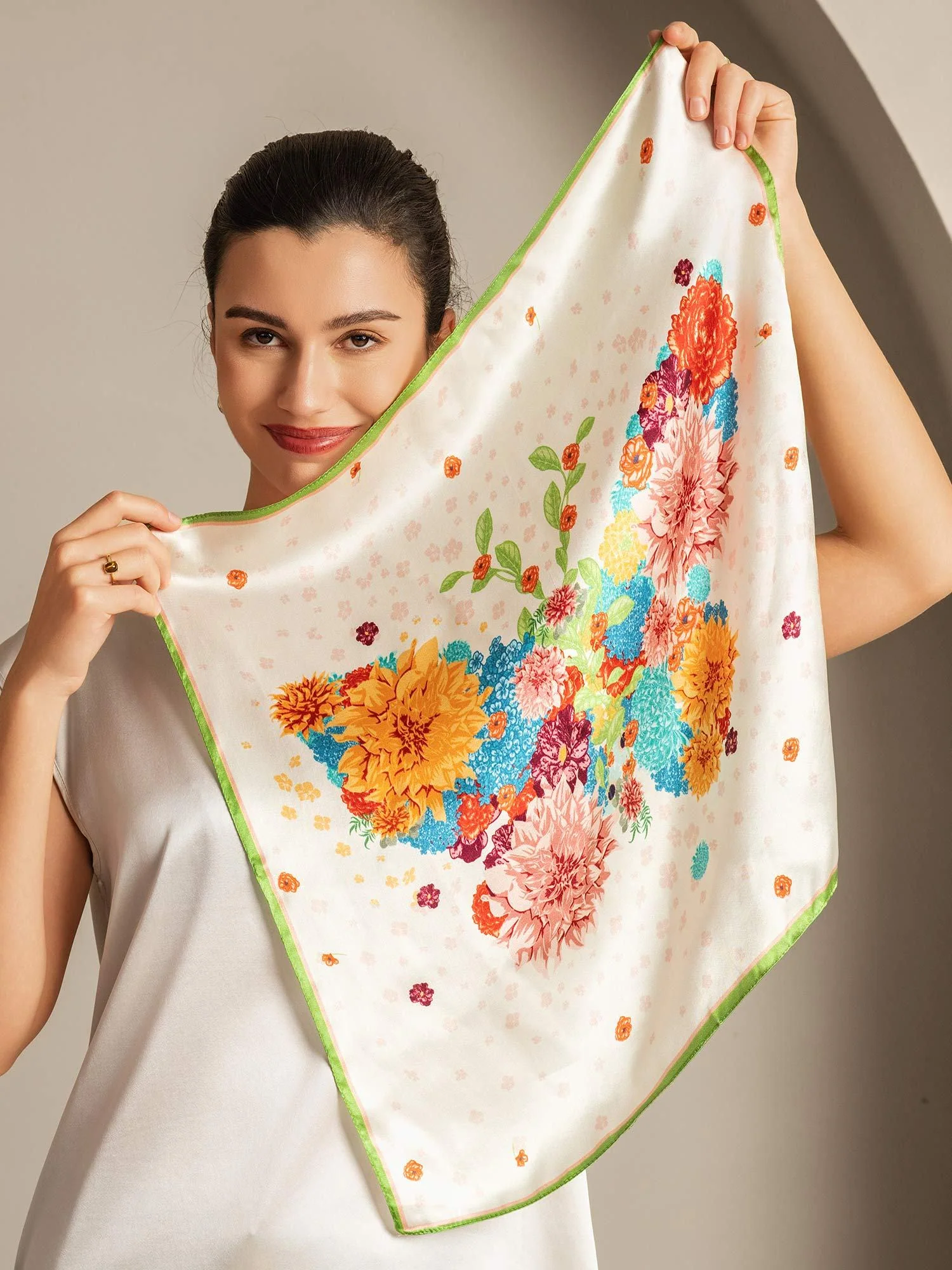 Pure Silk Floral Square Scarf with Green Trim 53*53 cm - Image 4
