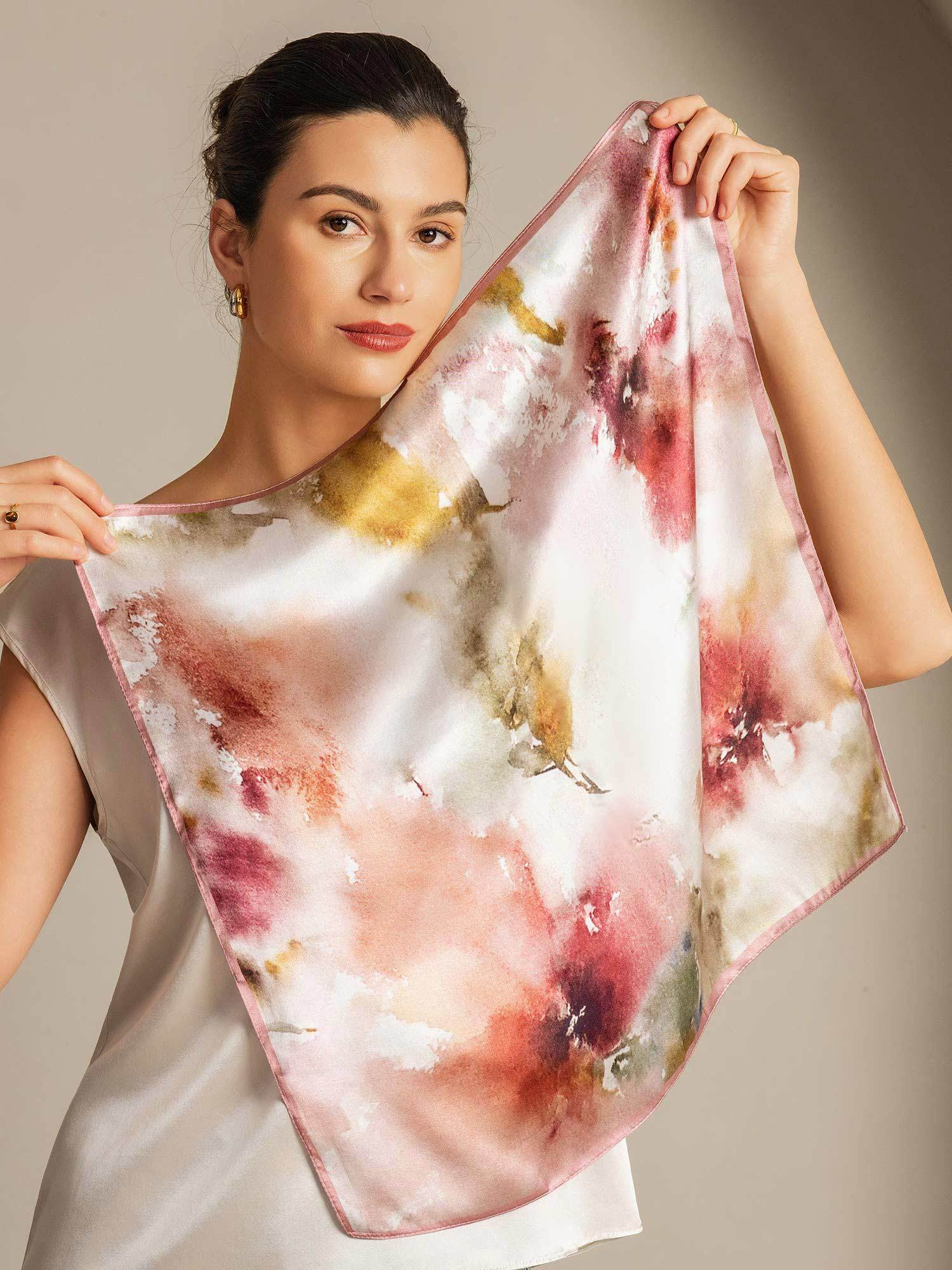Pure Silk Floral Square Scarf with Pink Trim 53*53 cm - Image 3