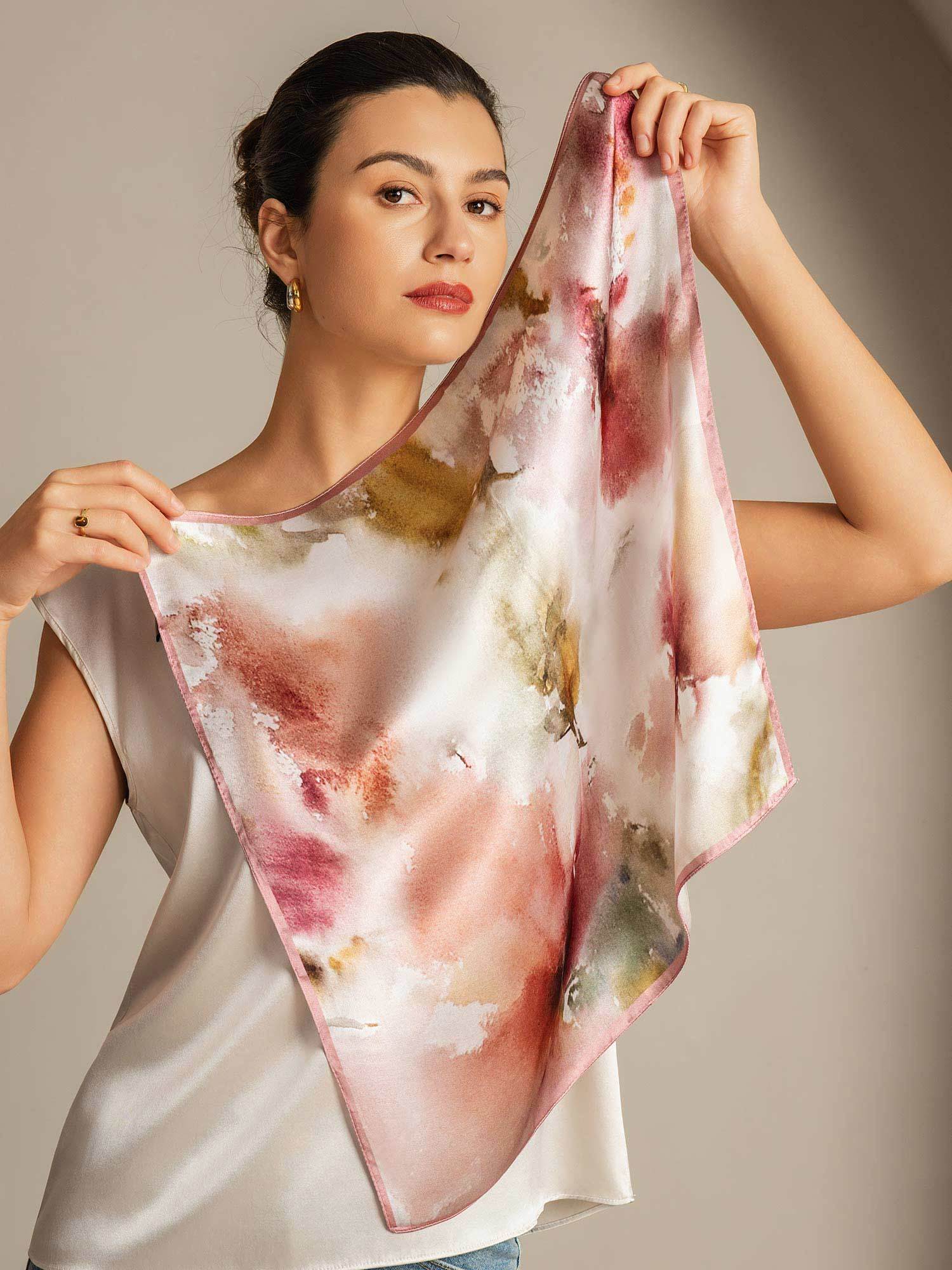 Pure Silk Floral Square Scarf with Pink Trim 53*53 cm - Image 4