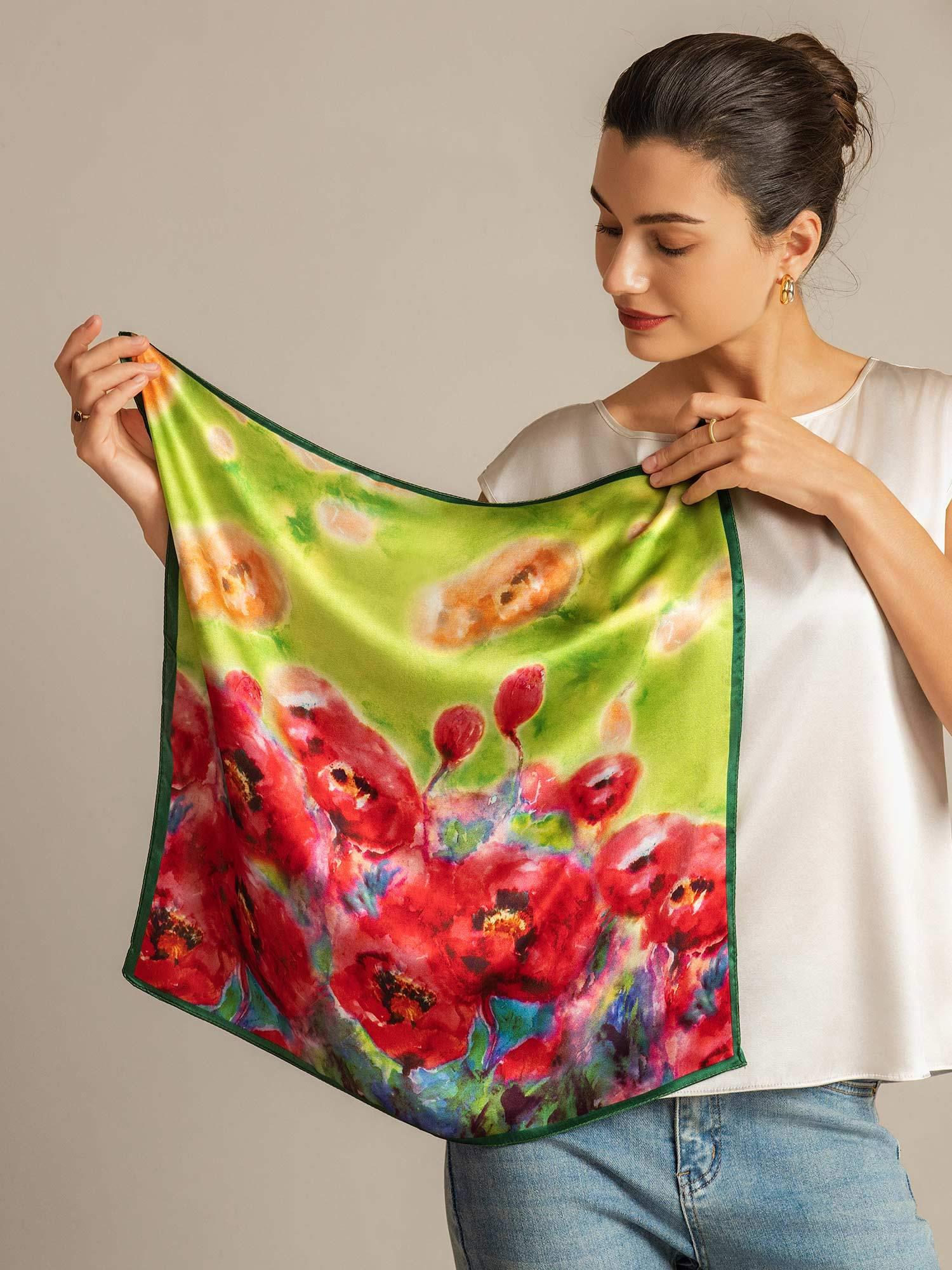 Pure Silk Flower Impression Square Scarf - Size 53x53cm - Image 3