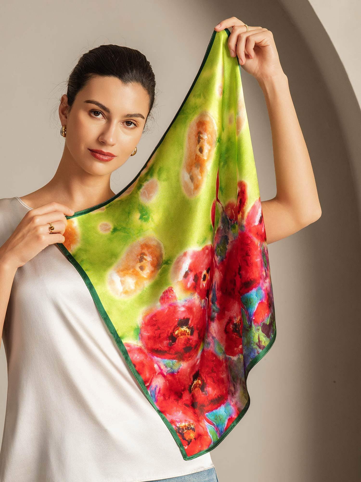 Pure Silk Flower Impression Square Scarf - Size 53x53cm - Image 4