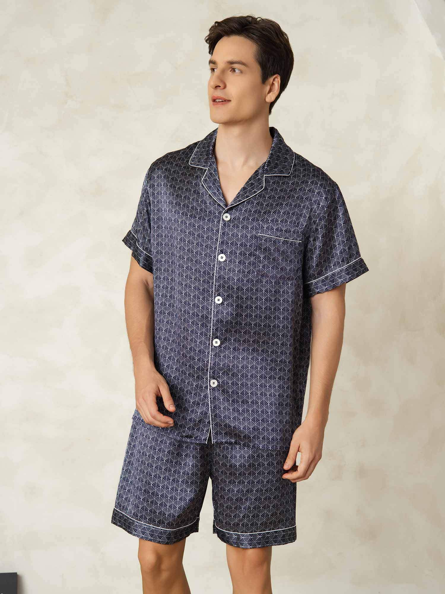 Men's Pure Silk Navy Ginkgo Print Short Sleeve Notch Collar Pajamas Set - Image 4