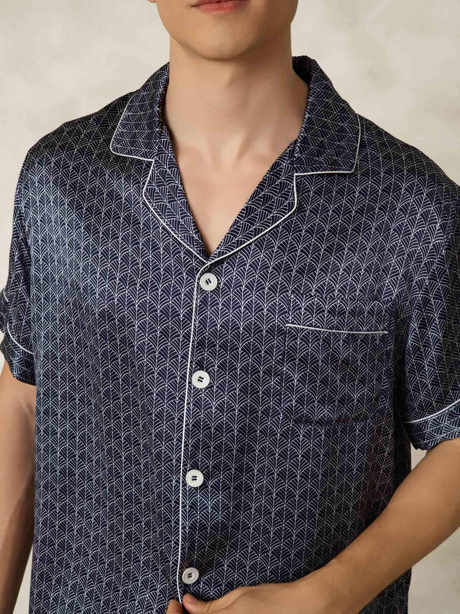 Men's Pure Silk Navy Ginkgo Print Short Sleeve Notch Collar Pajamas Set - Image 7