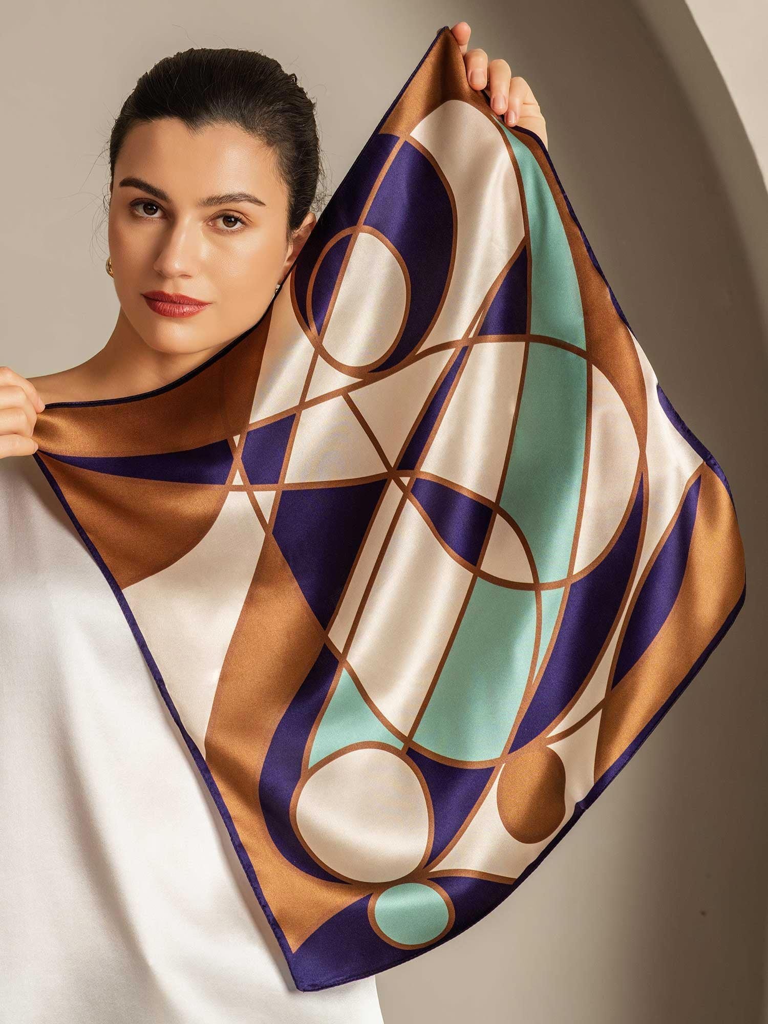 Pure Silk Geometric Pattern Square Scarf - Size 53x53cm - Image 2