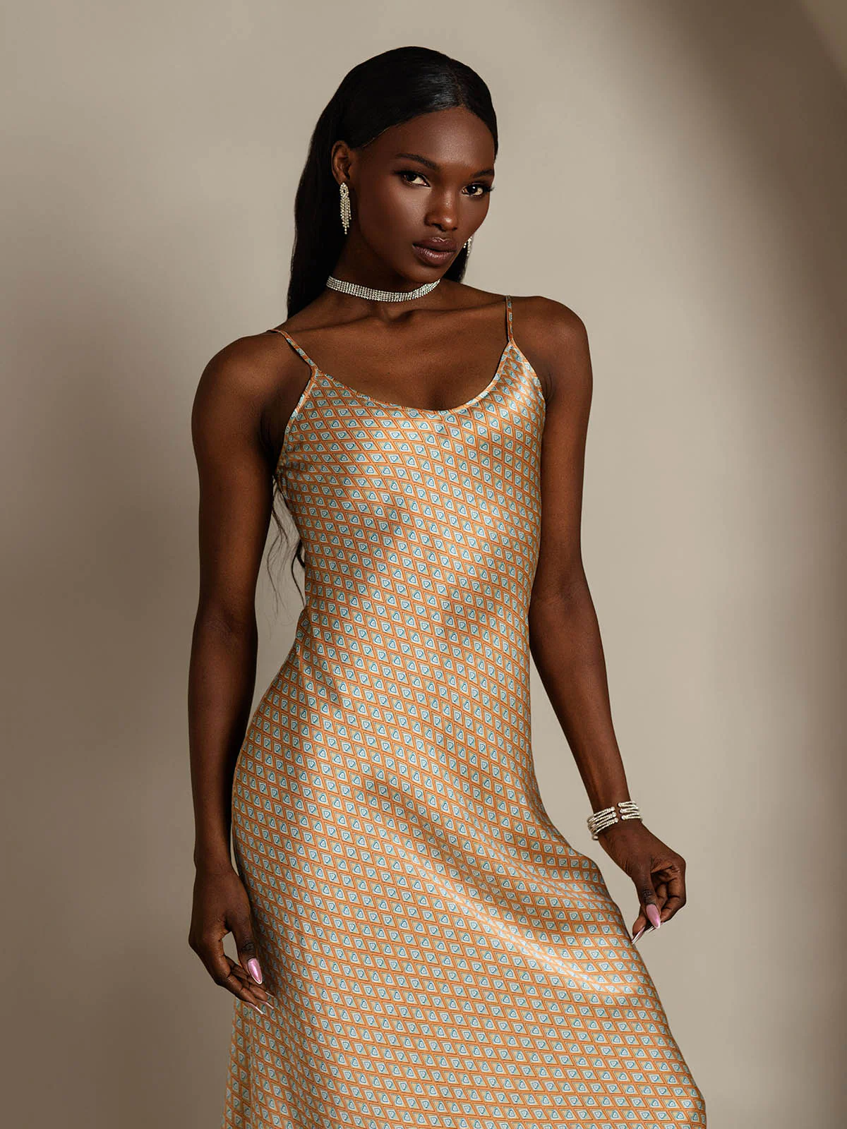 Pure Silk Geometric Print Spaghetti Strap V Neck Midi Dress - Image 4