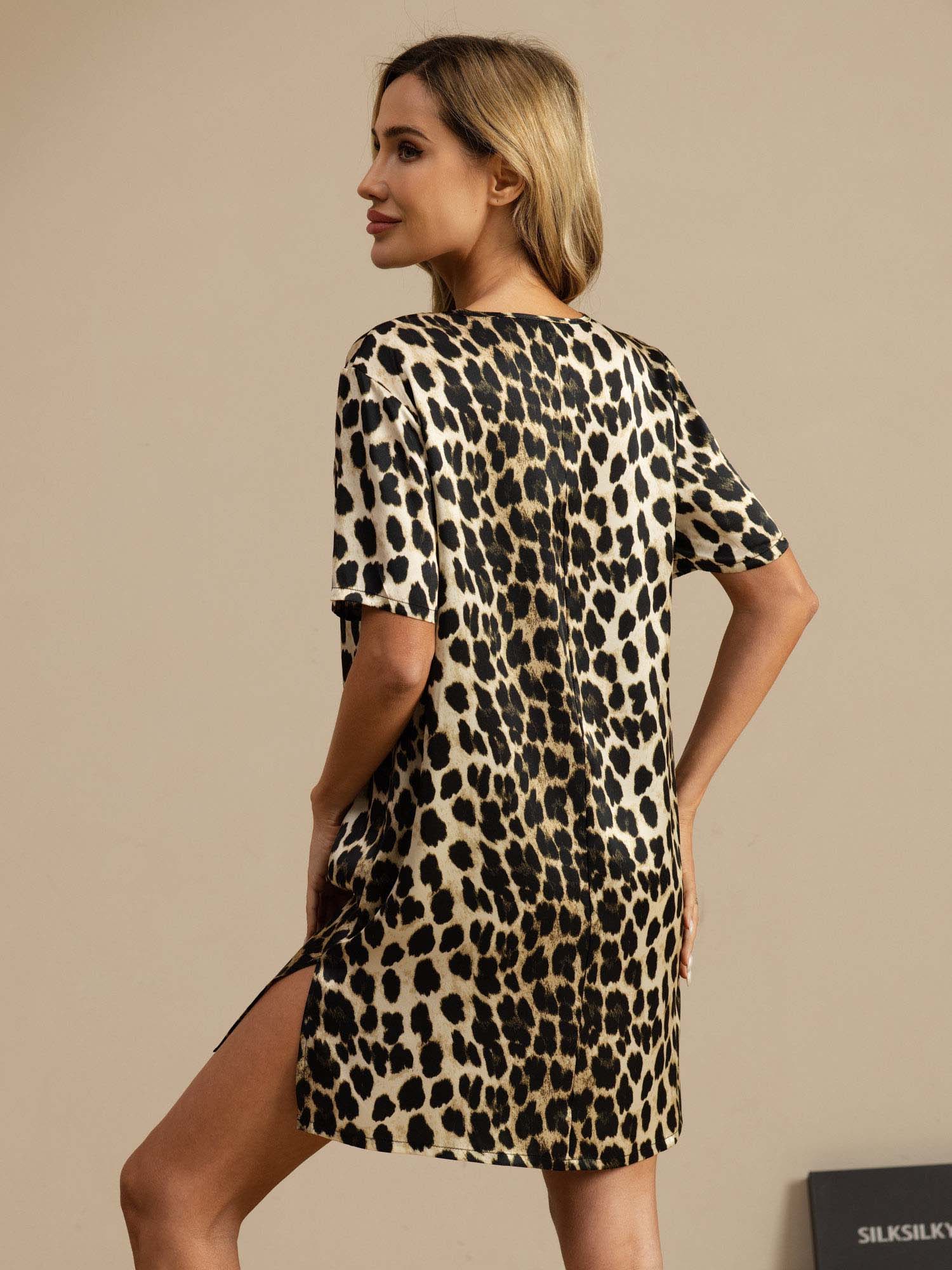 Pure Silk Half Sleeve V-neck Leopard Printed Short Nightgown with Split Design - Image 2