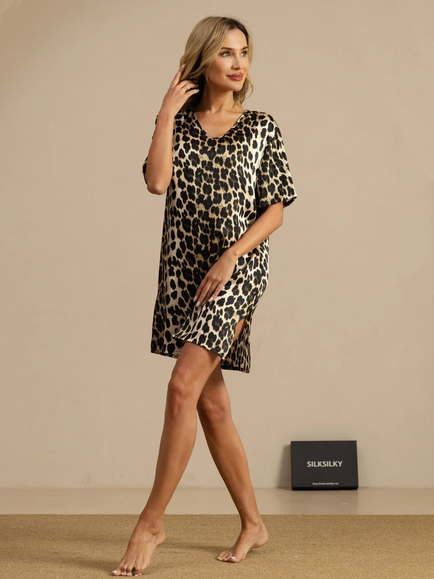 Pure Silk Half Sleeve V-neck Leopard Printed Short Nightgown with Split Design - Image 6