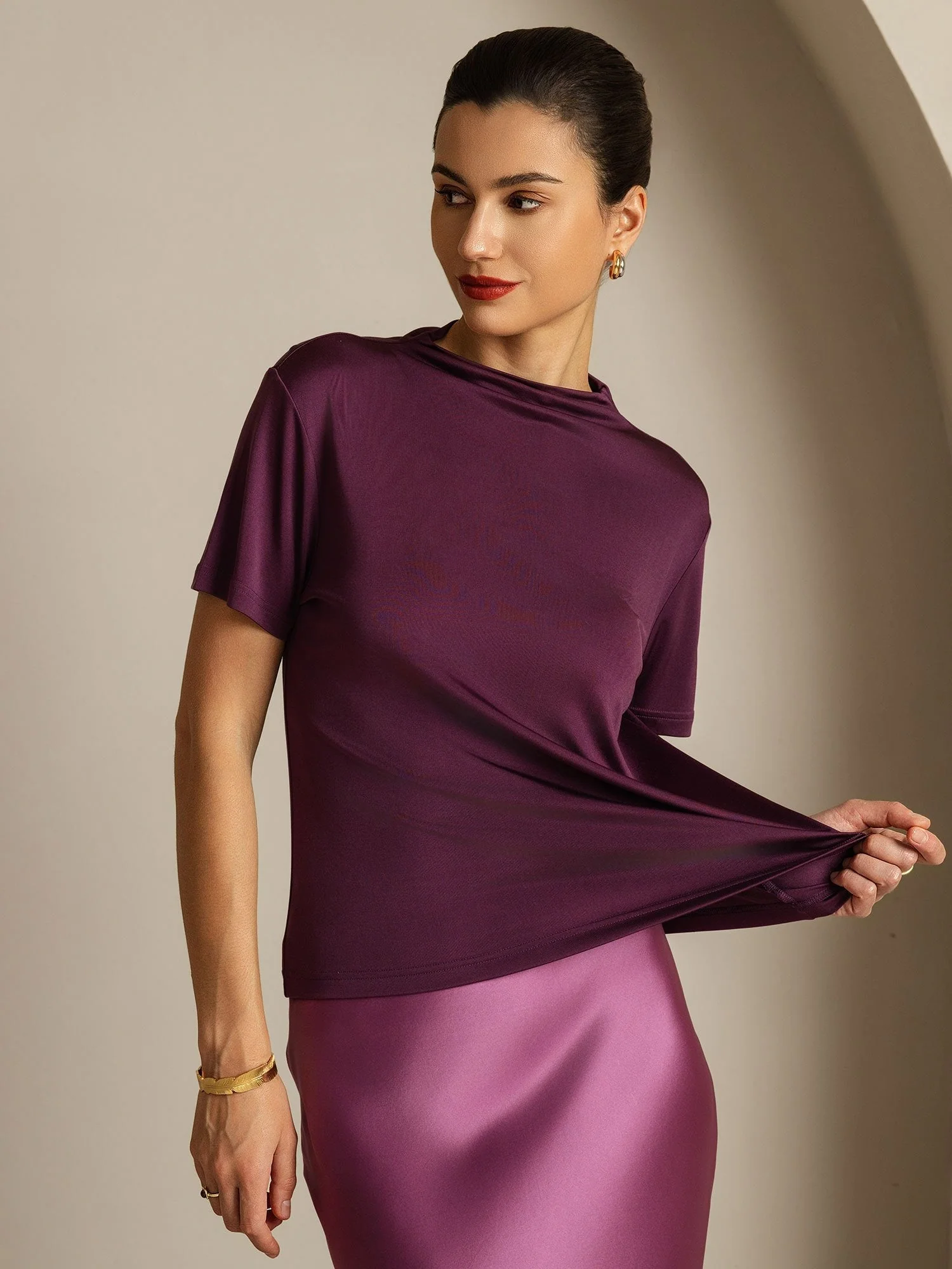 Pure Silk Short Sleeve Mock Women's T-Shirt - Image 17