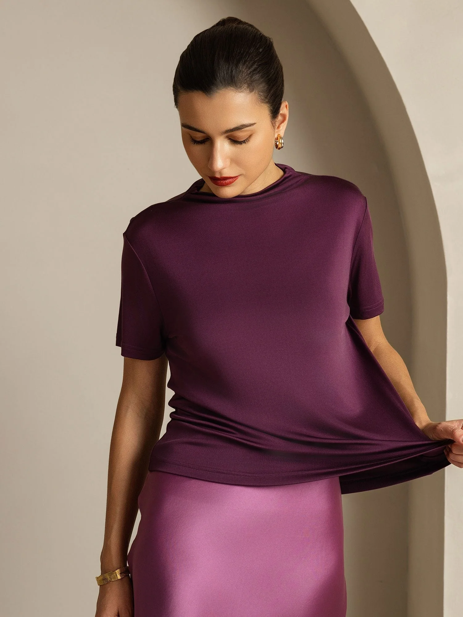 Pure Silk Short Sleeve Mock Women's T-Shirt - Image 19