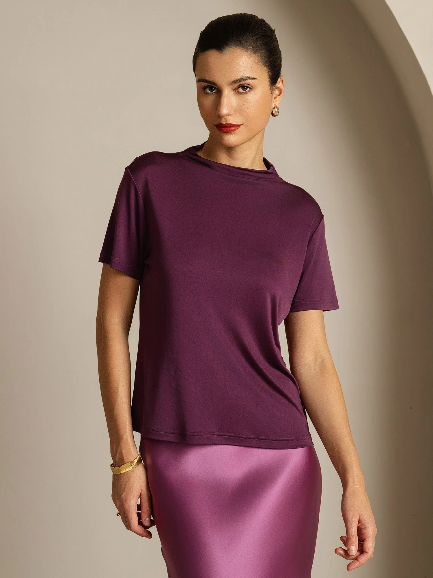 Pure Silk Short Sleeve Mock Women's T-Shirt - Image 21