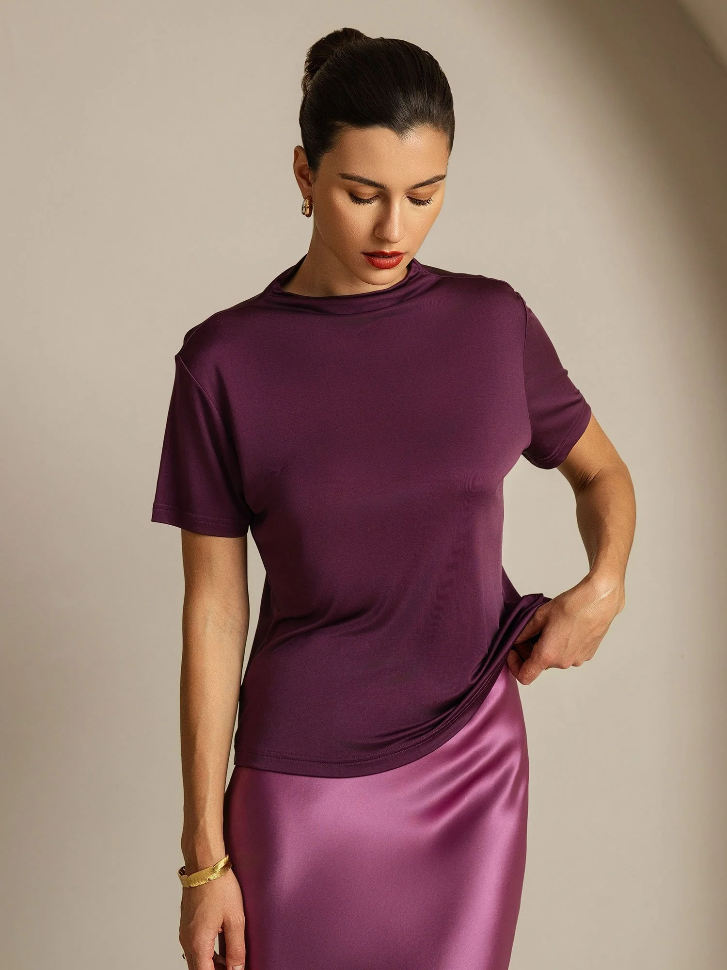 Pure Silk Short Sleeve Mock Women's T-Shirt - Image 22