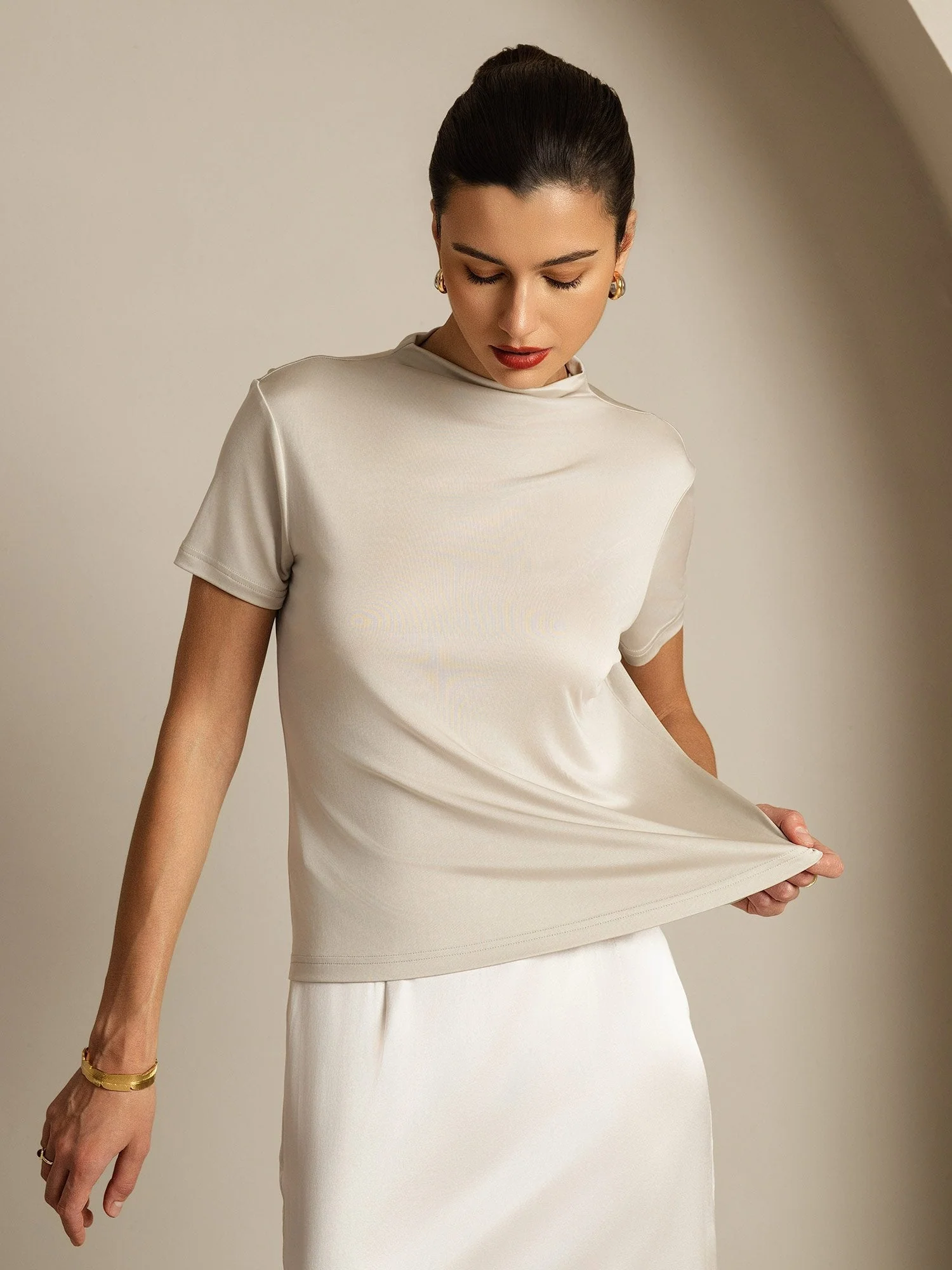 Pure Silk Short Sleeve Mock Women's T-Shirt - Image 43