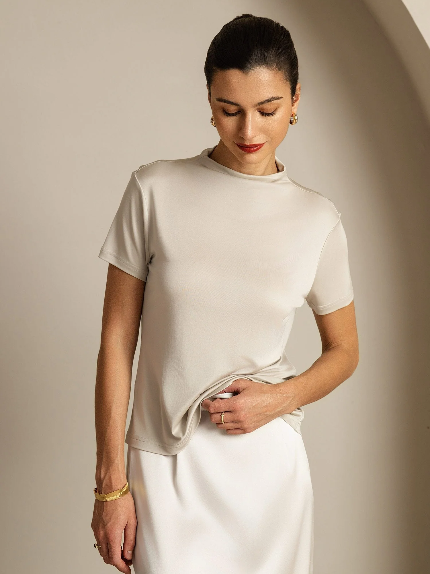 Pure Silk Short Sleeve Mock Women's T-Shirt - Image 45