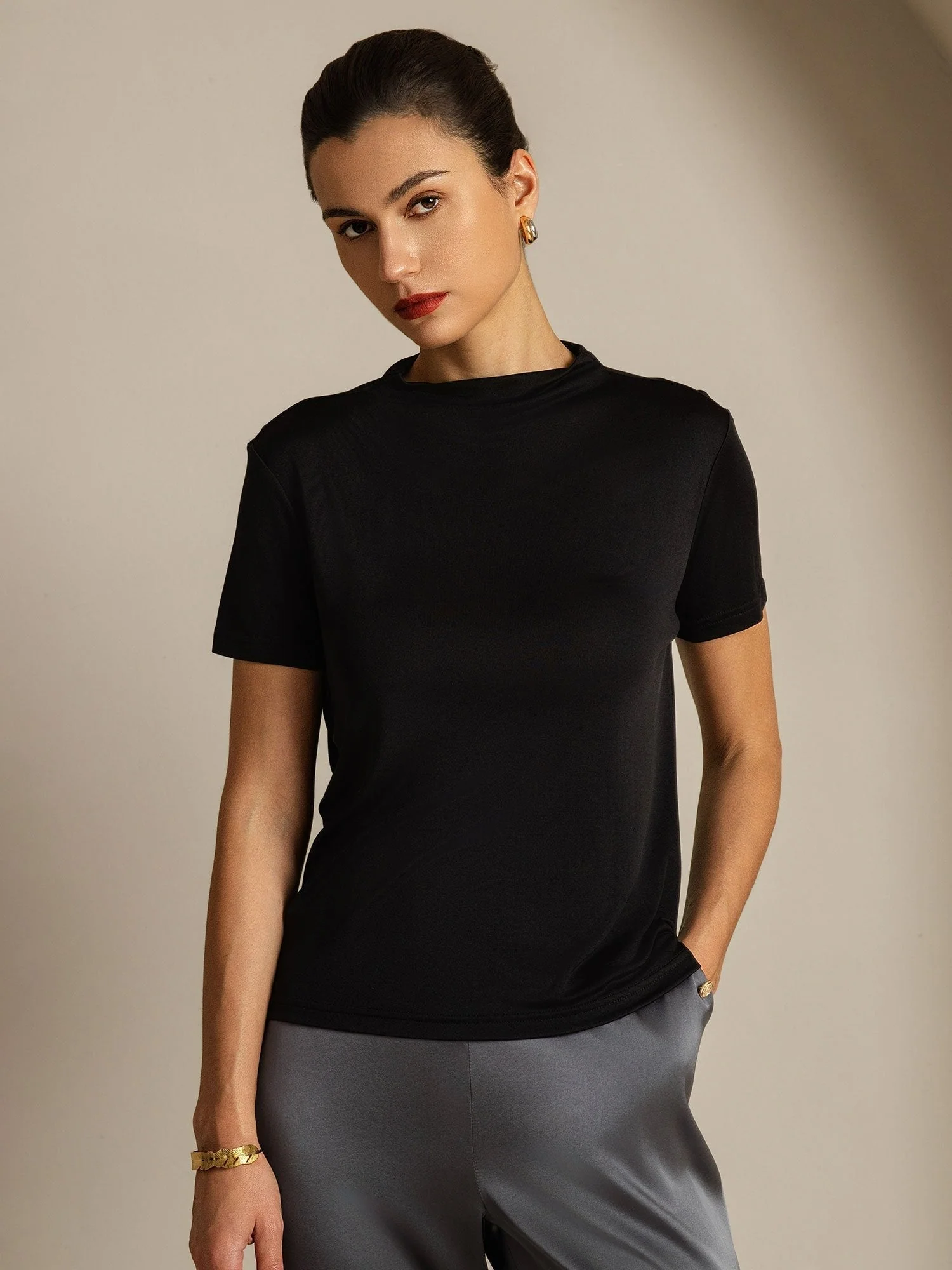 Pure Silk Short Sleeve Mock Women's T-Shirt - Image 50