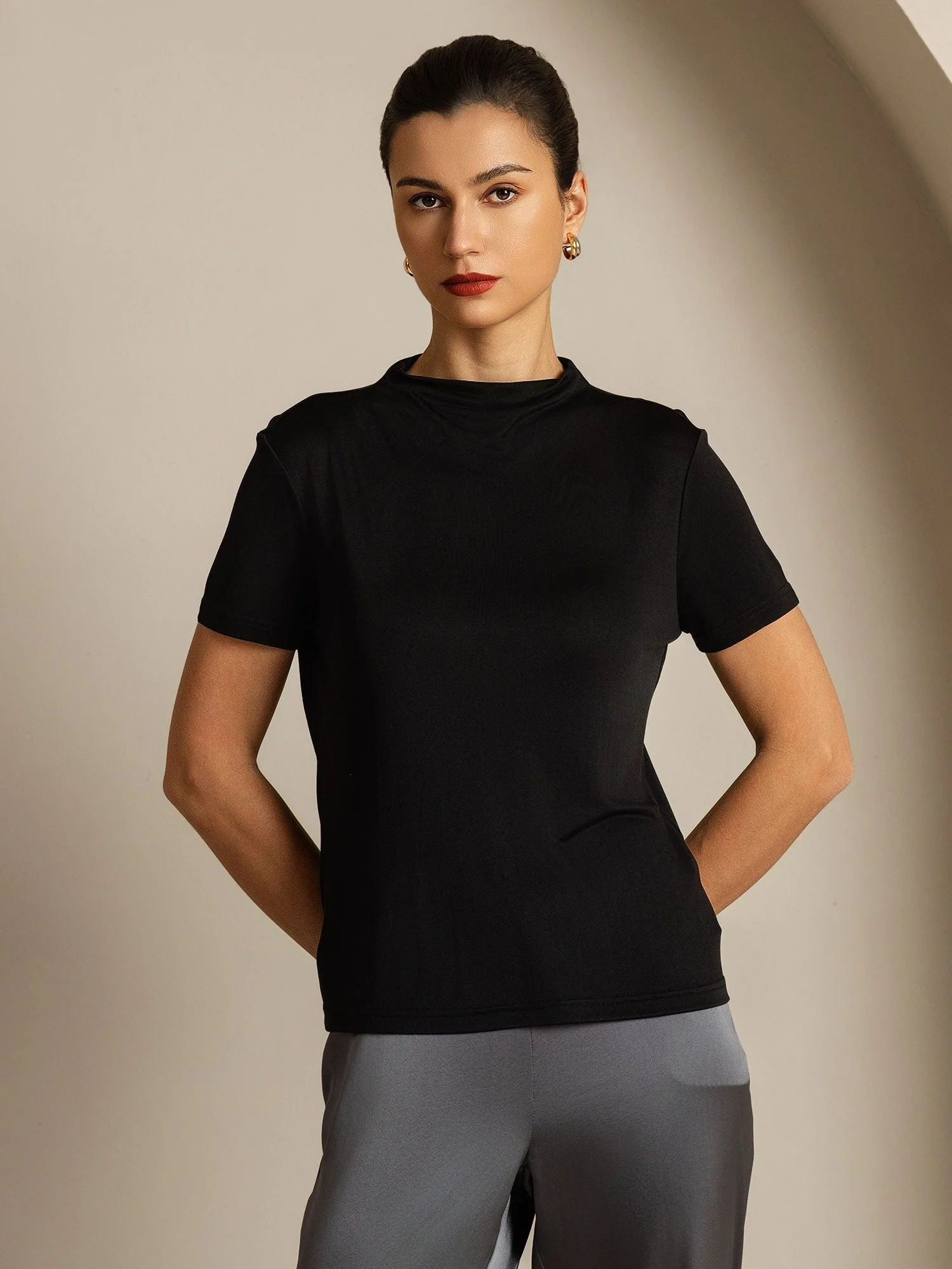 Pure Silk Short Sleeve Mock Women's T-Shirt - Image 54