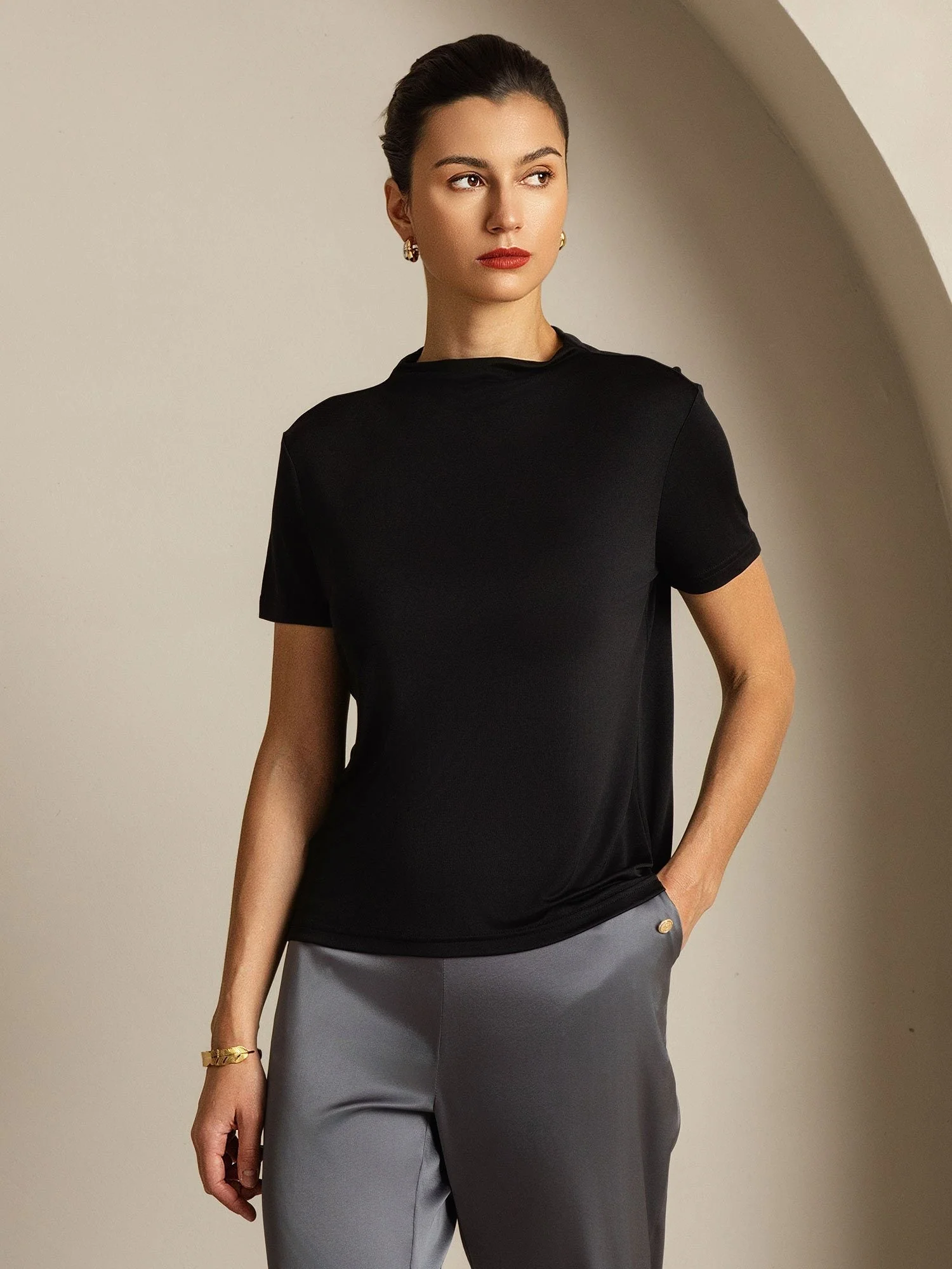Pure Silk Short Sleeve Mock Women's T-Shirt - Image 57