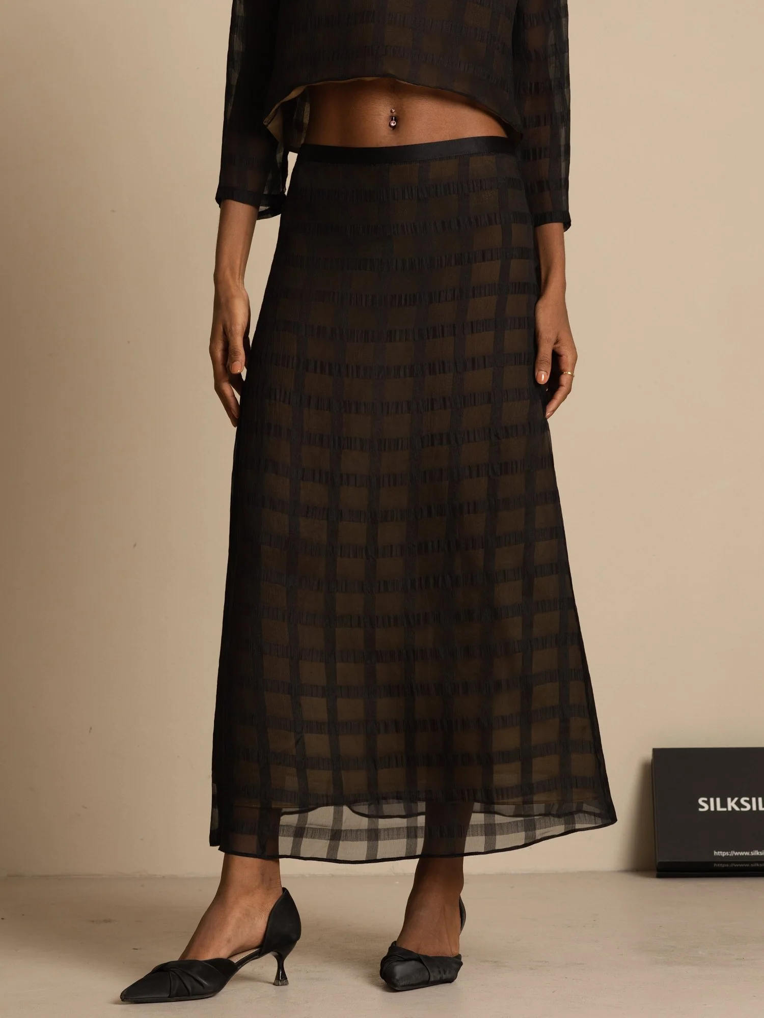 Pure Silk High-Waist A-Line Textured Grid Long Skirt With Back Zipper