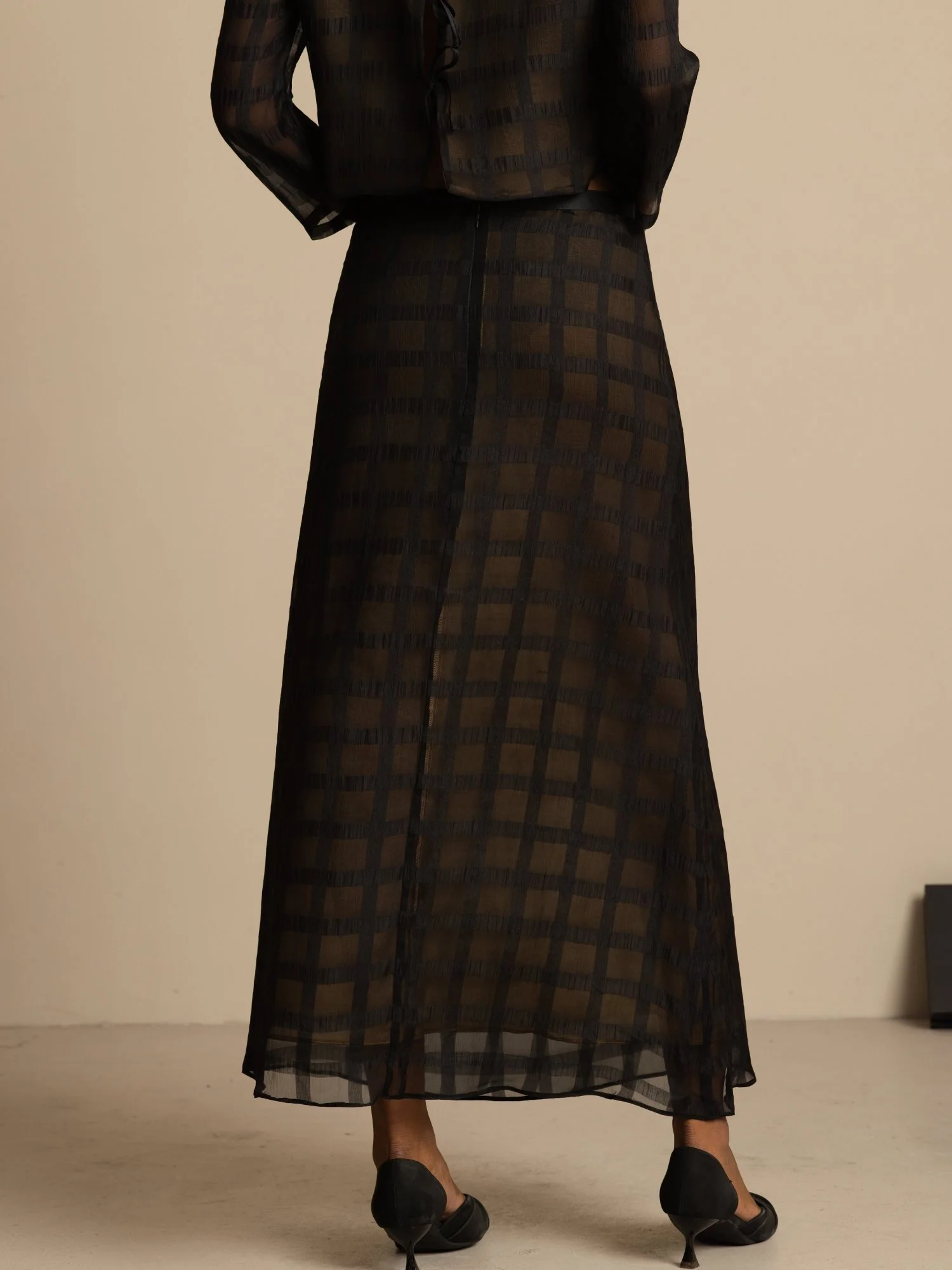 Pure Silk High-Waist A-Line Textured Grid Long Skirt With Back Zipper - Image 2