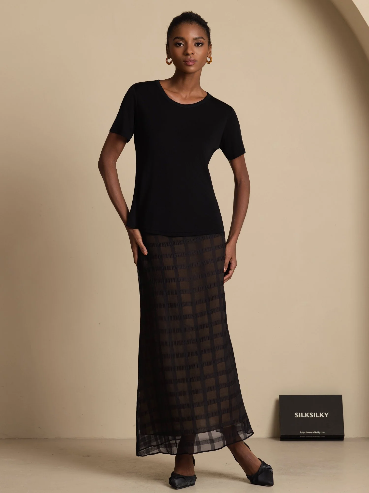 Pure Silk High-Waist A-Line Textured Grid Long Skirt With Back Zipper - Image 5