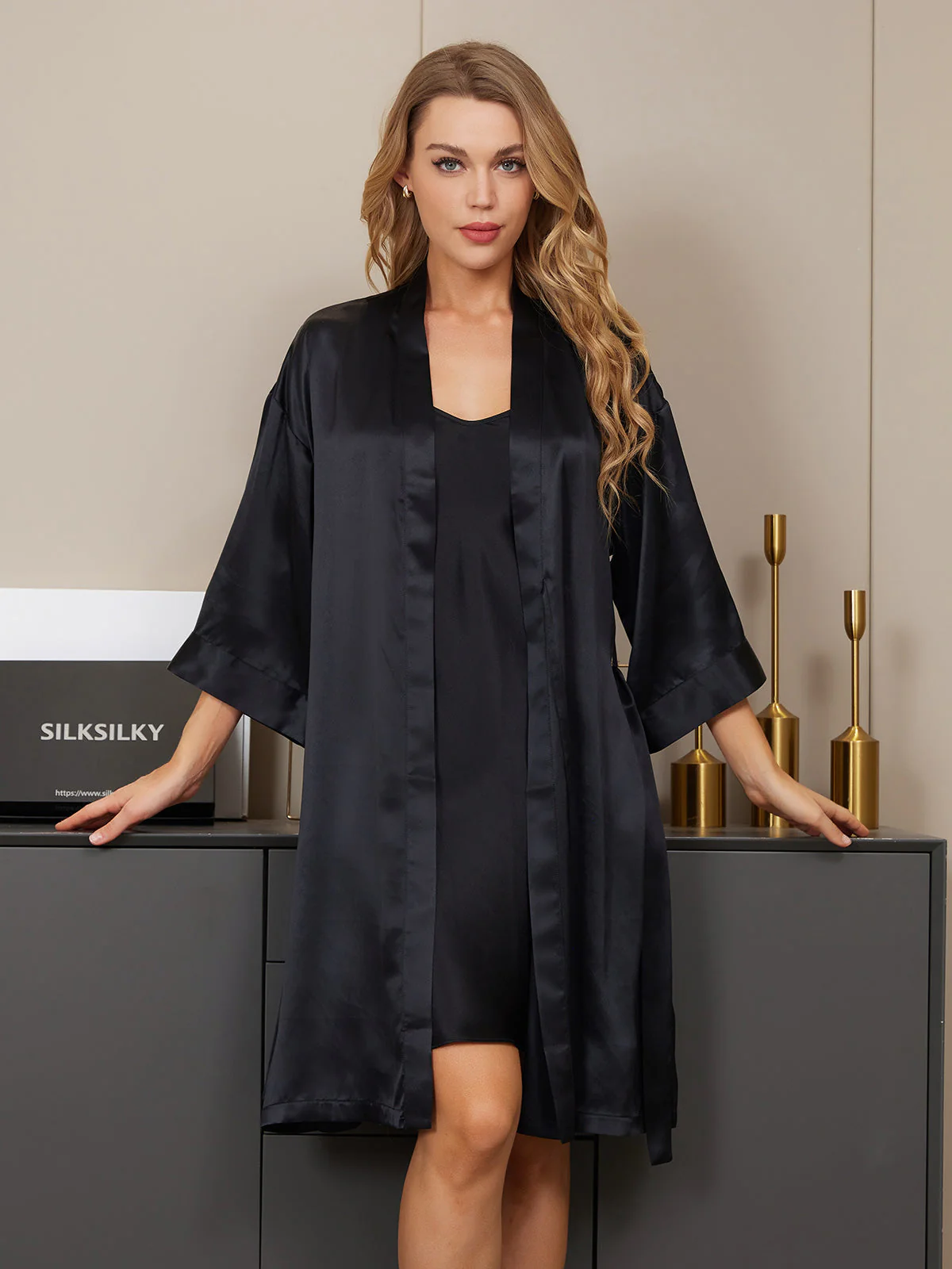 Pure Silk Kimono Dressing Gown & V‑Neck Nightdress Set - Image 10
