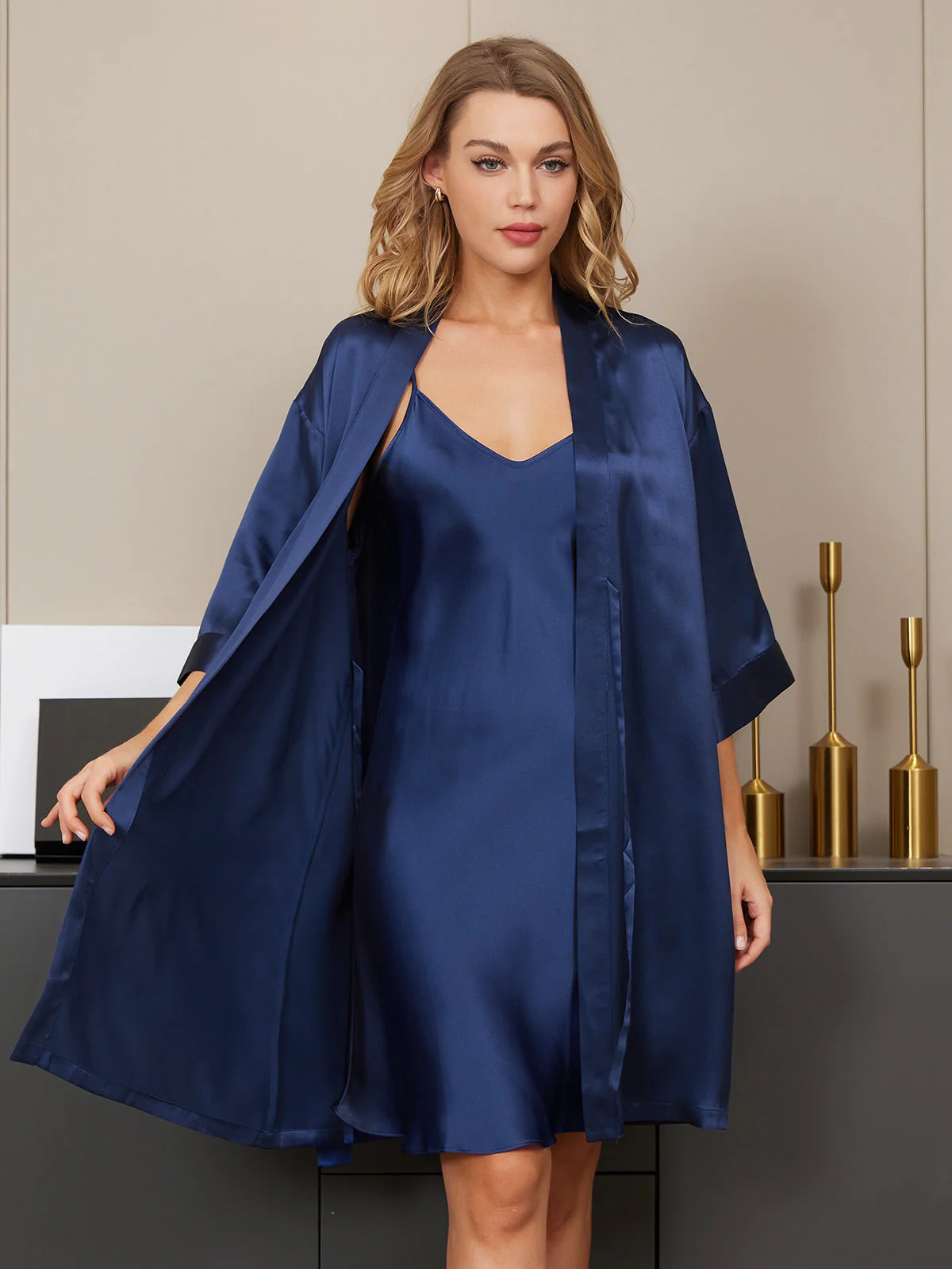 Pure Silk Kimono Dressing Gown & V‑Neck Nightdress Set - Image 15