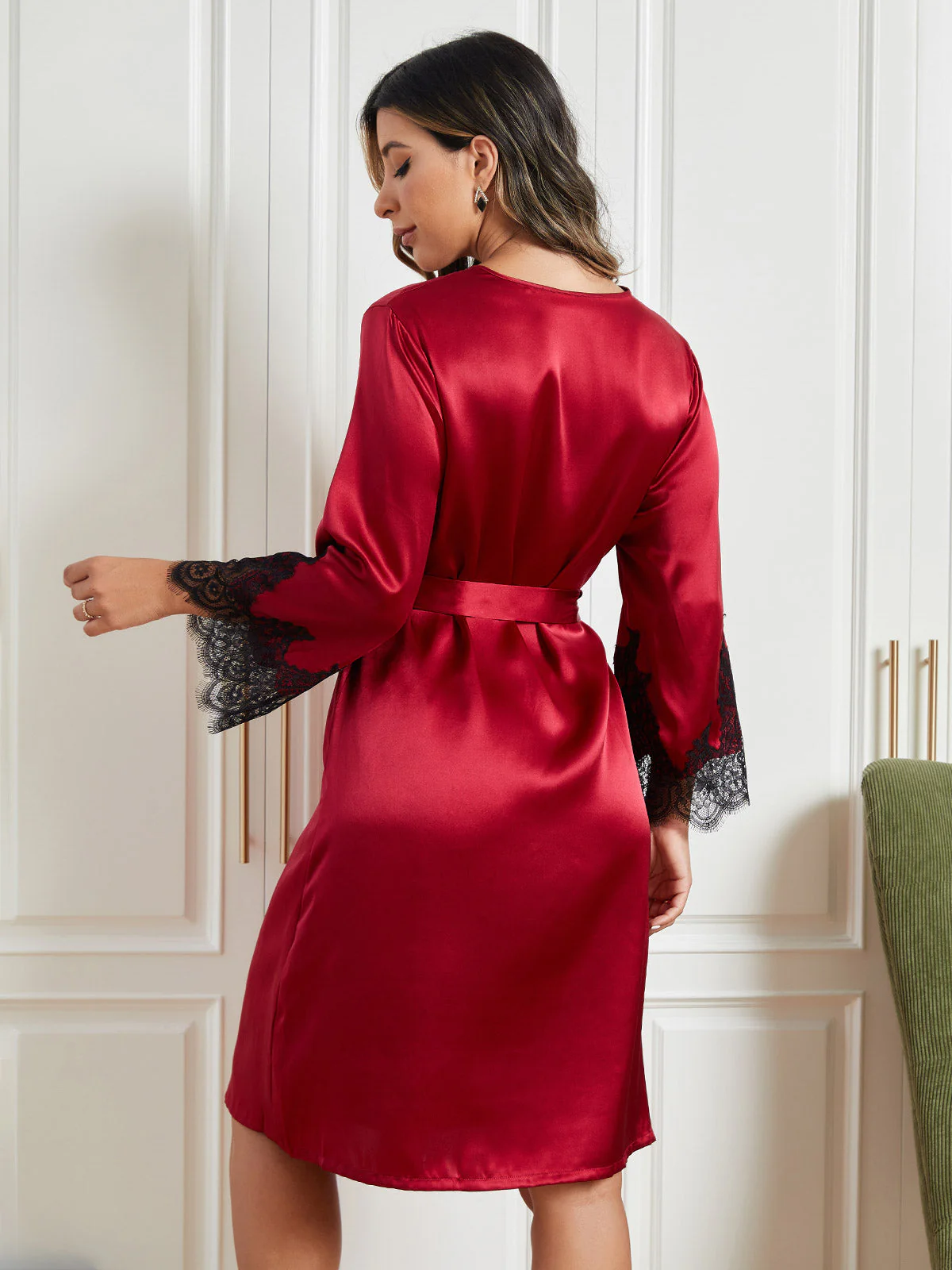 Pure Silk 3/4 Sleeve Women's Dressing Gown with Lace Design - Image 7