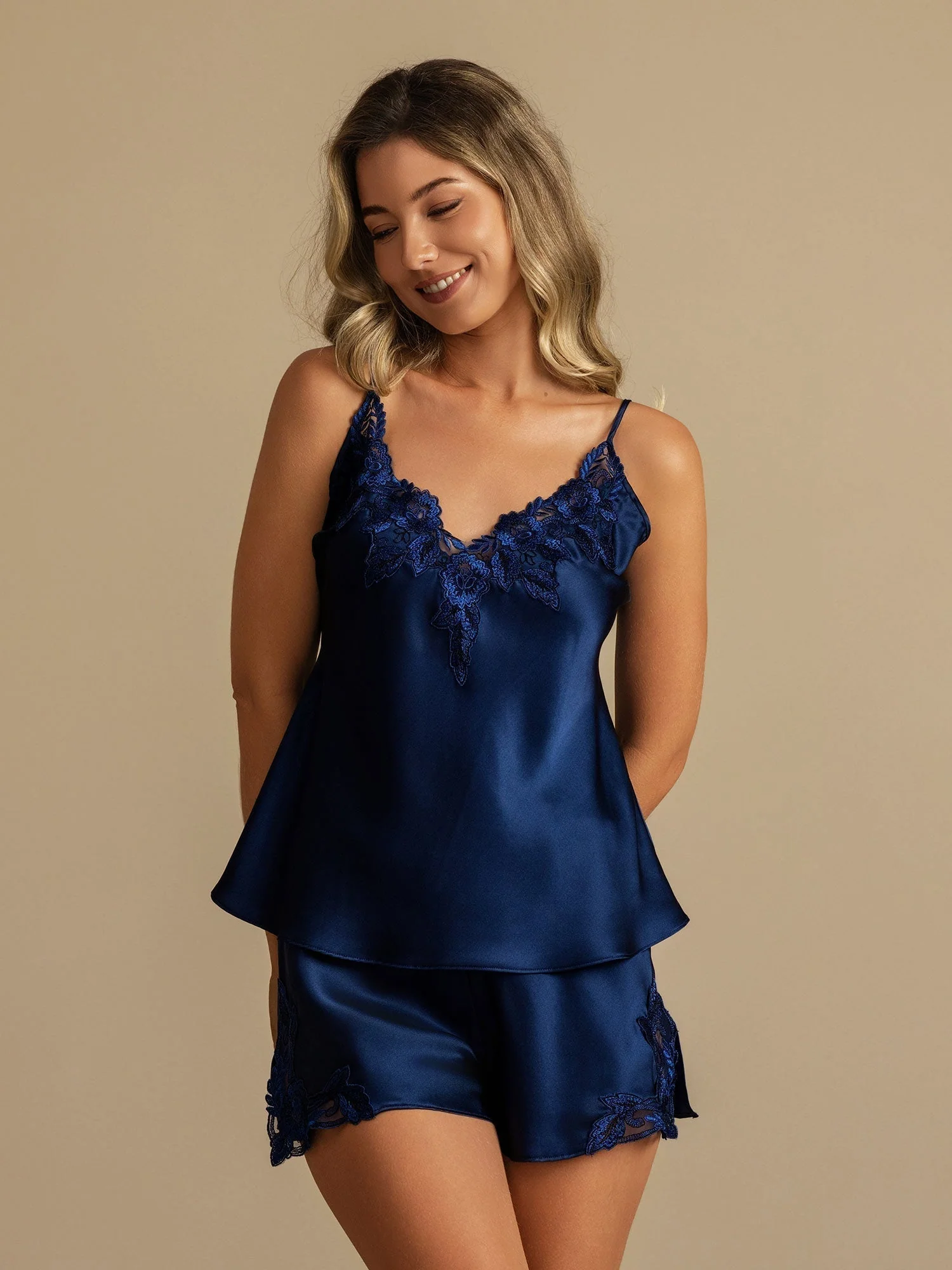Pure Silk Spaghetti Strap Deep V Neck Camisole Set with Lace Design - Image 49