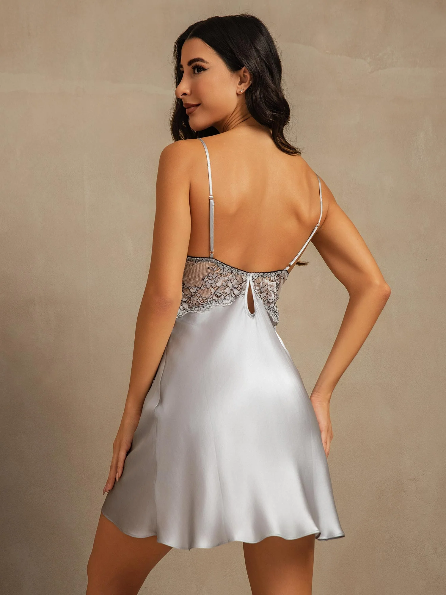 Pure Silk Spaghetti Strap V-neck Mini Nightdress with Lace Backless Design - Image 9