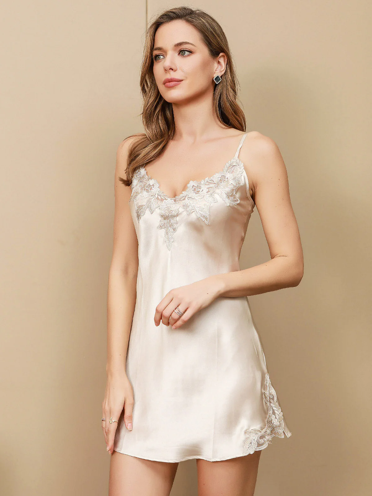Pure Silk Spaghetti Strap Mini Nightdress with Lace Design - Image 39