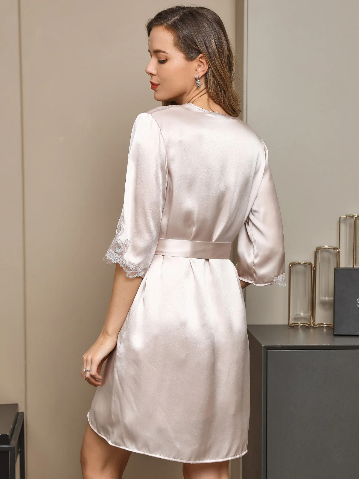 Pure Silk V Neck Short Nightdress&Dressing gowns with Lace Design - Image 9