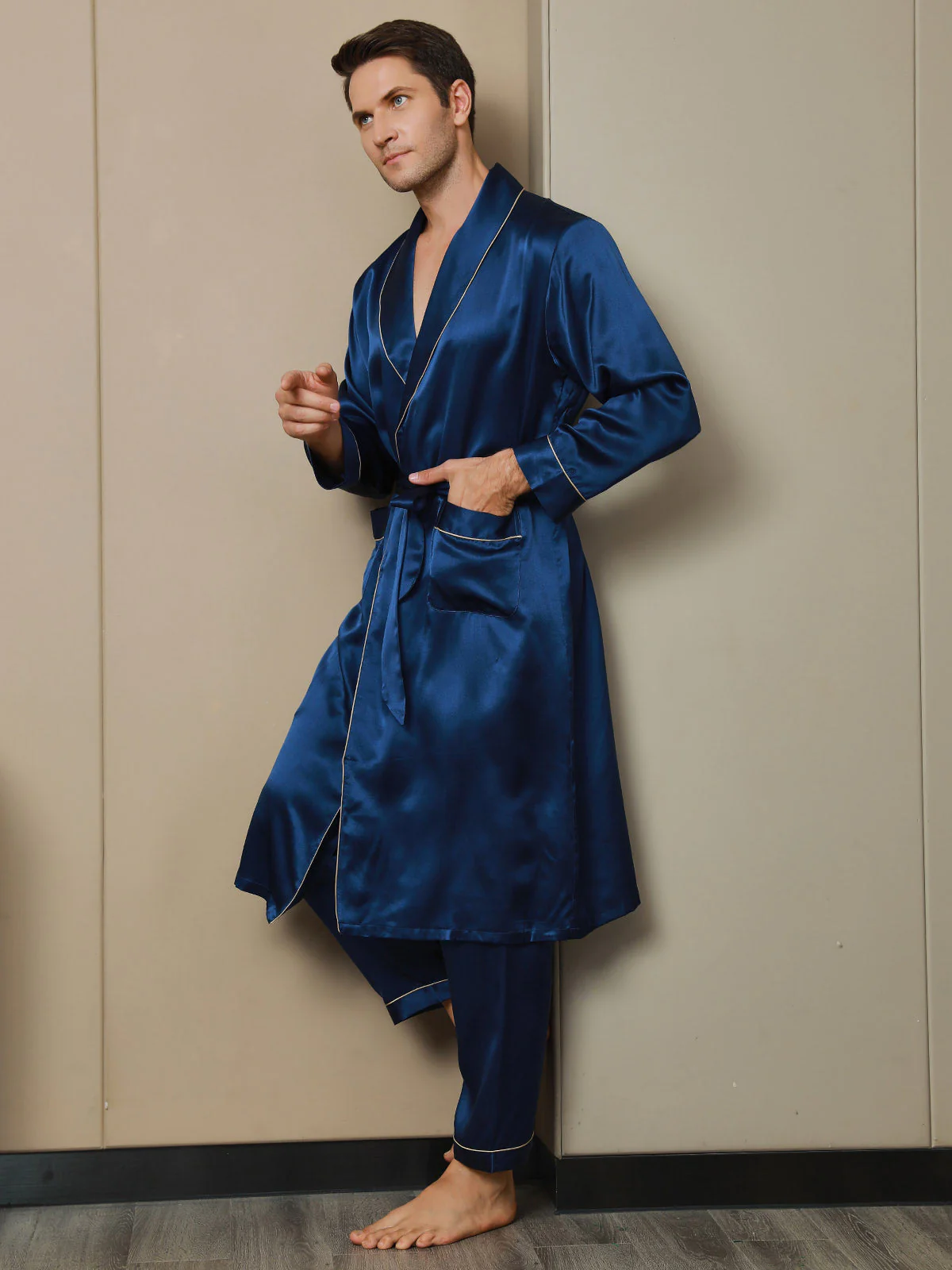 Pure Silk Lapel Collar Belted Dressing Gowns (Without Pants) - Image 11