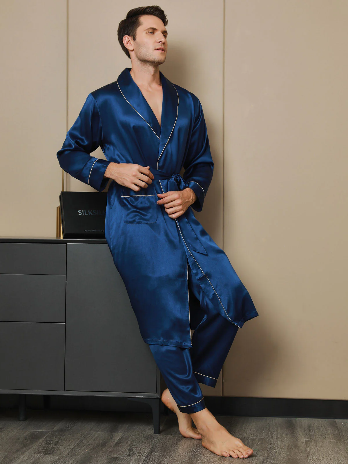 Pure Silk Lapel Collar Belted Dressing Gowns (Without Pants) - Image 12