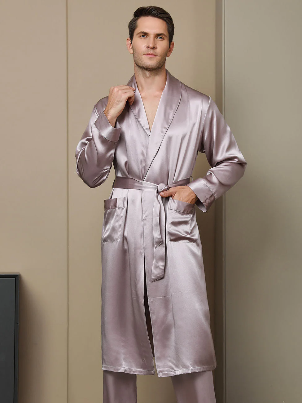 Pure Silk Lapel Collar Belted Dressing Gowns (Without Pants) - Image 13